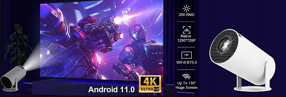 MINI PRZENOŚNY PROJEKTOR 4K HD, ANDROID 11, WI-FI 6, BT 5.0 Szerokość produktu 22 cm