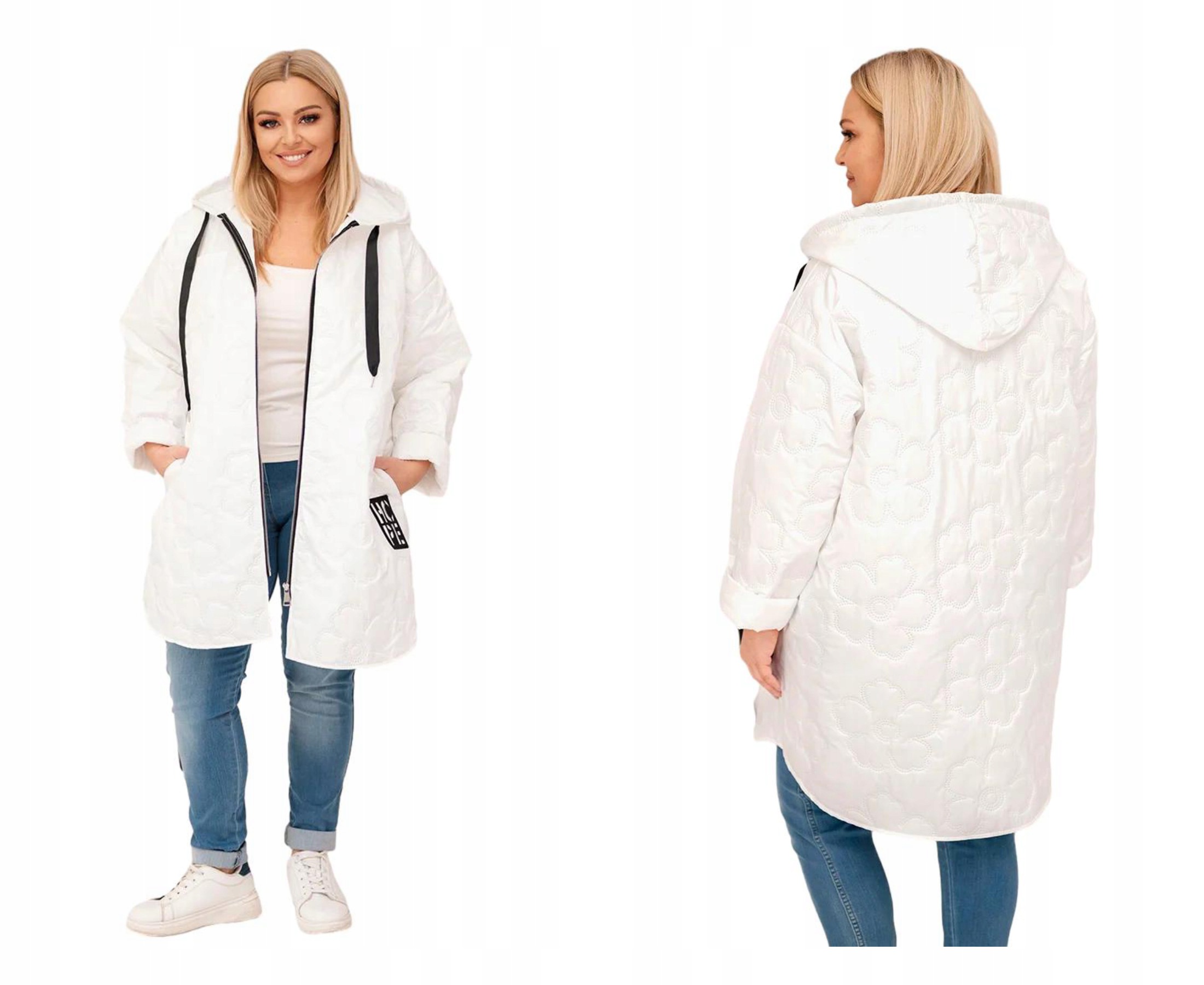 Dámská dlouhá prošívaná bunda plus size s kapucí, přechodová, bílá