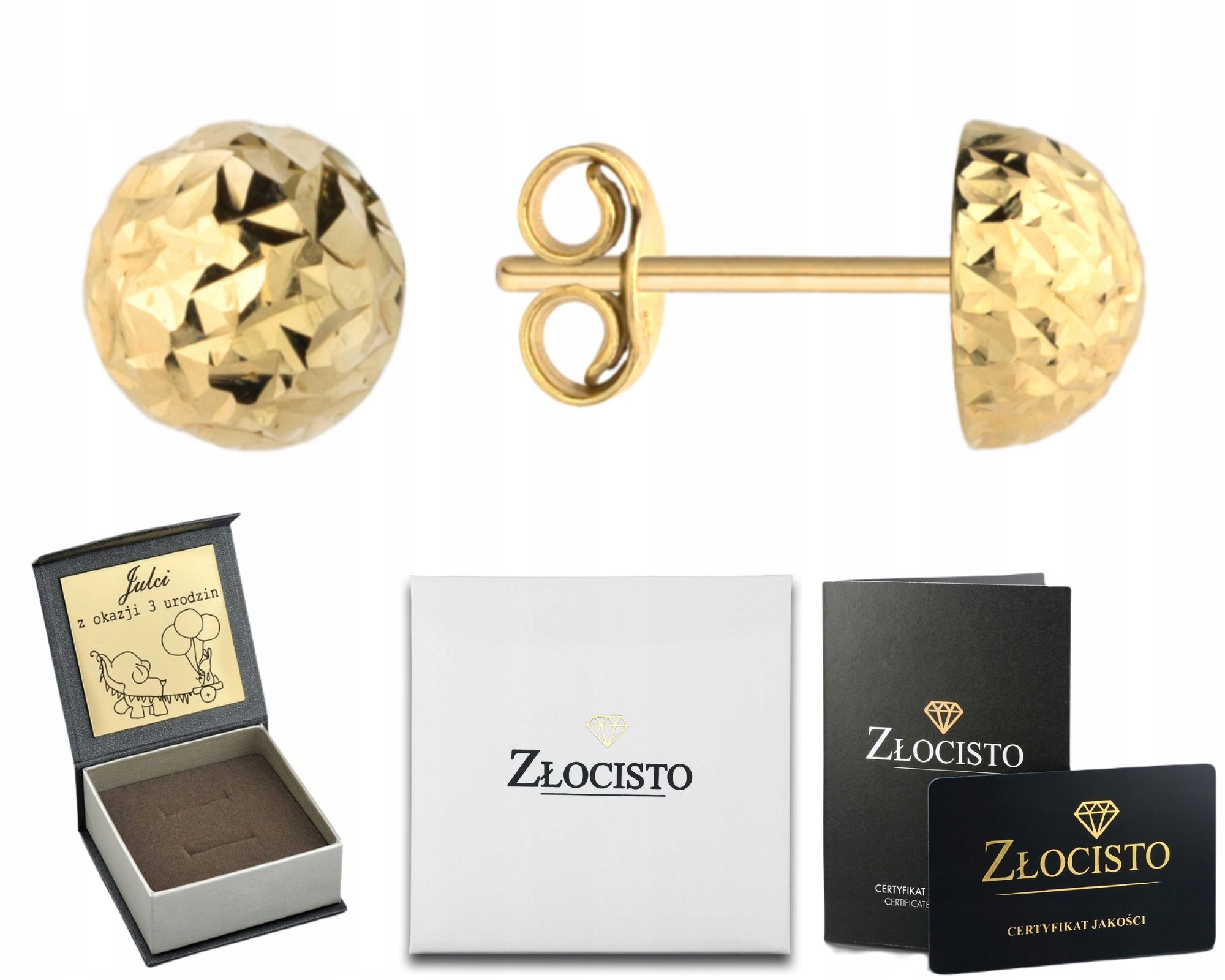 Zlaté Náušnice Půl Kuličky 6 MM Diamantové Třpytící Se Efekt Gravírování