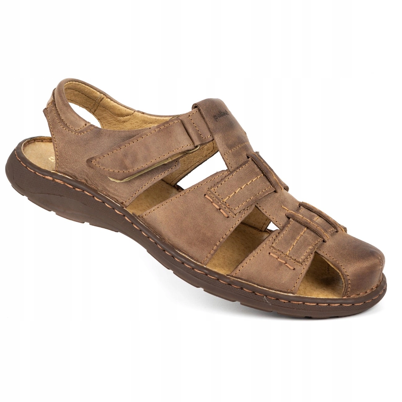 Pánské sandály z přírodní kůže na suchý zip Polské SA07 hnědé 41