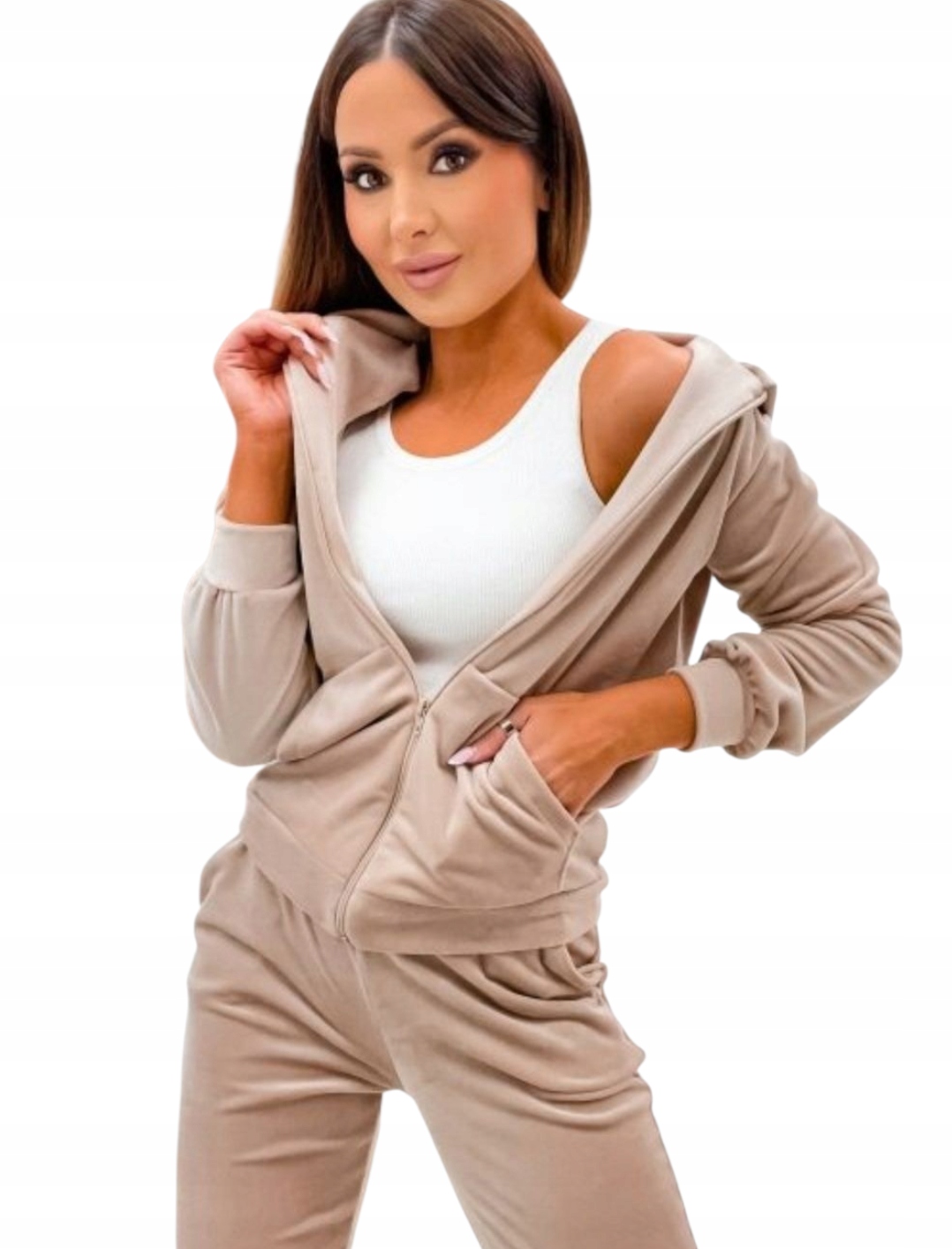 Dres welurowy Bluza Rozpinana Z Kapturem Komplet Beżowy na suwak XL