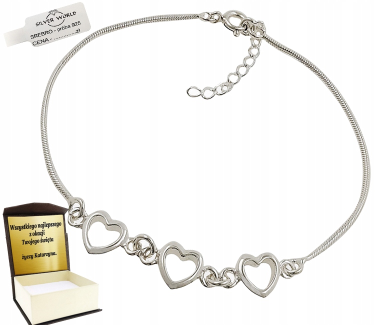 Stříbrný Dámský Náramek 925 Srdíčka Elegantní Celebritka Stříbro 925 Gravírování