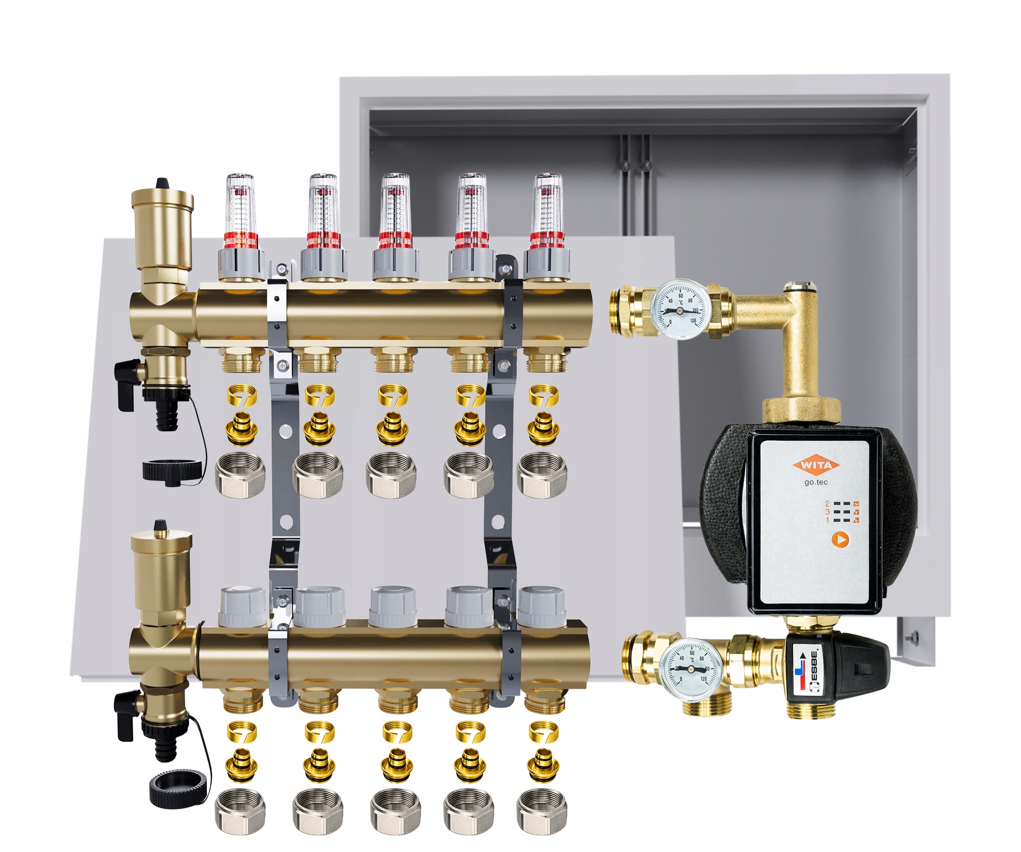 Rozdělovač pro podlahu 5 okruhů s čerpadlem Wita podomítková skříňka Pex
