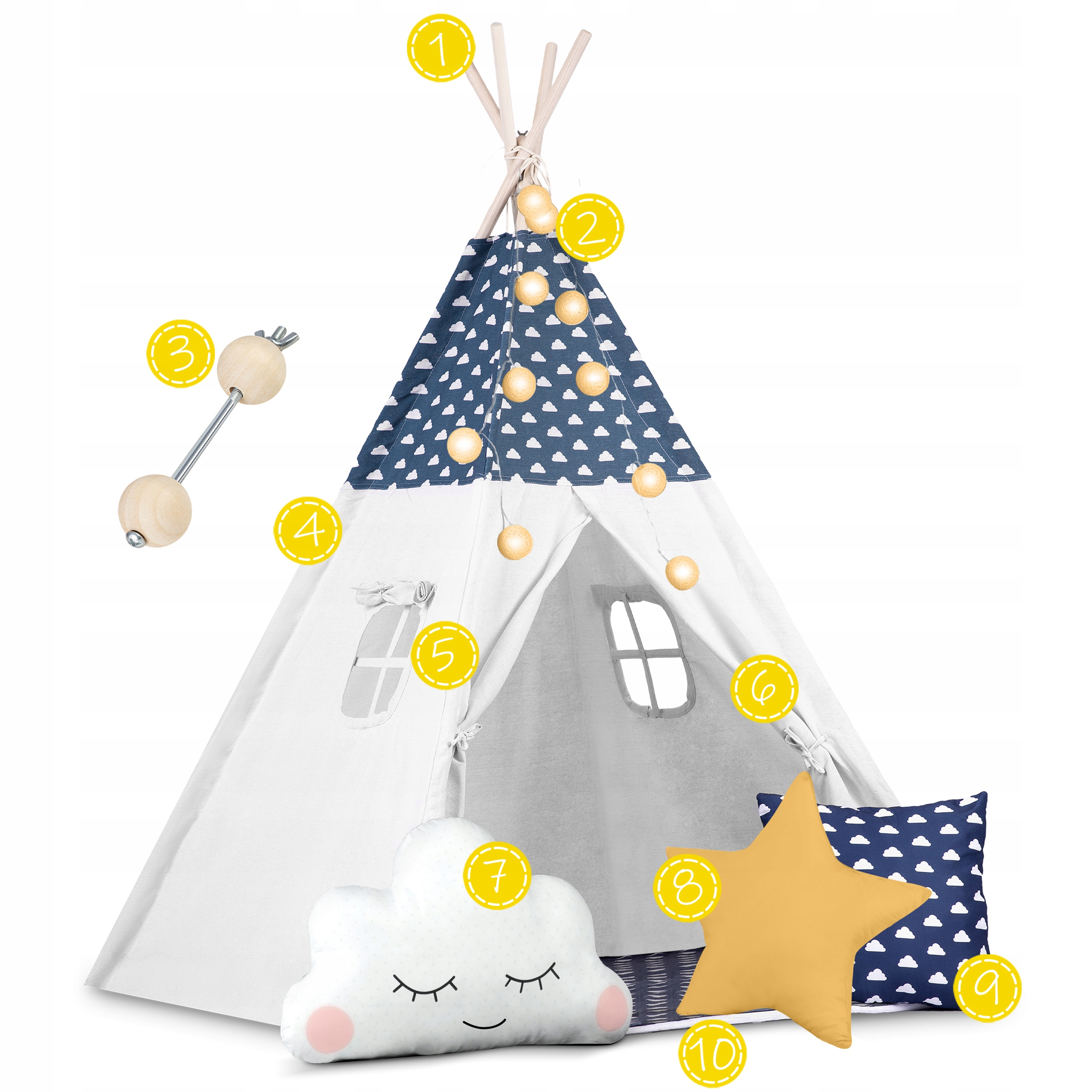 Tipi vigvamo palapinė vaikams, girliandų pagalvės + lemputės, mėlynos spalvos