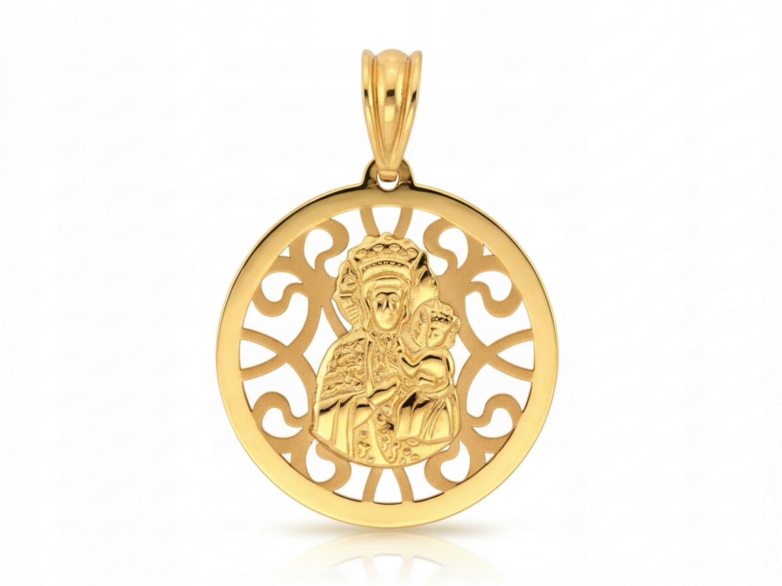 Zlatý medailonek 585 Kulatý Ažur s obrázkem Panny Marie, ornament 1.08 g