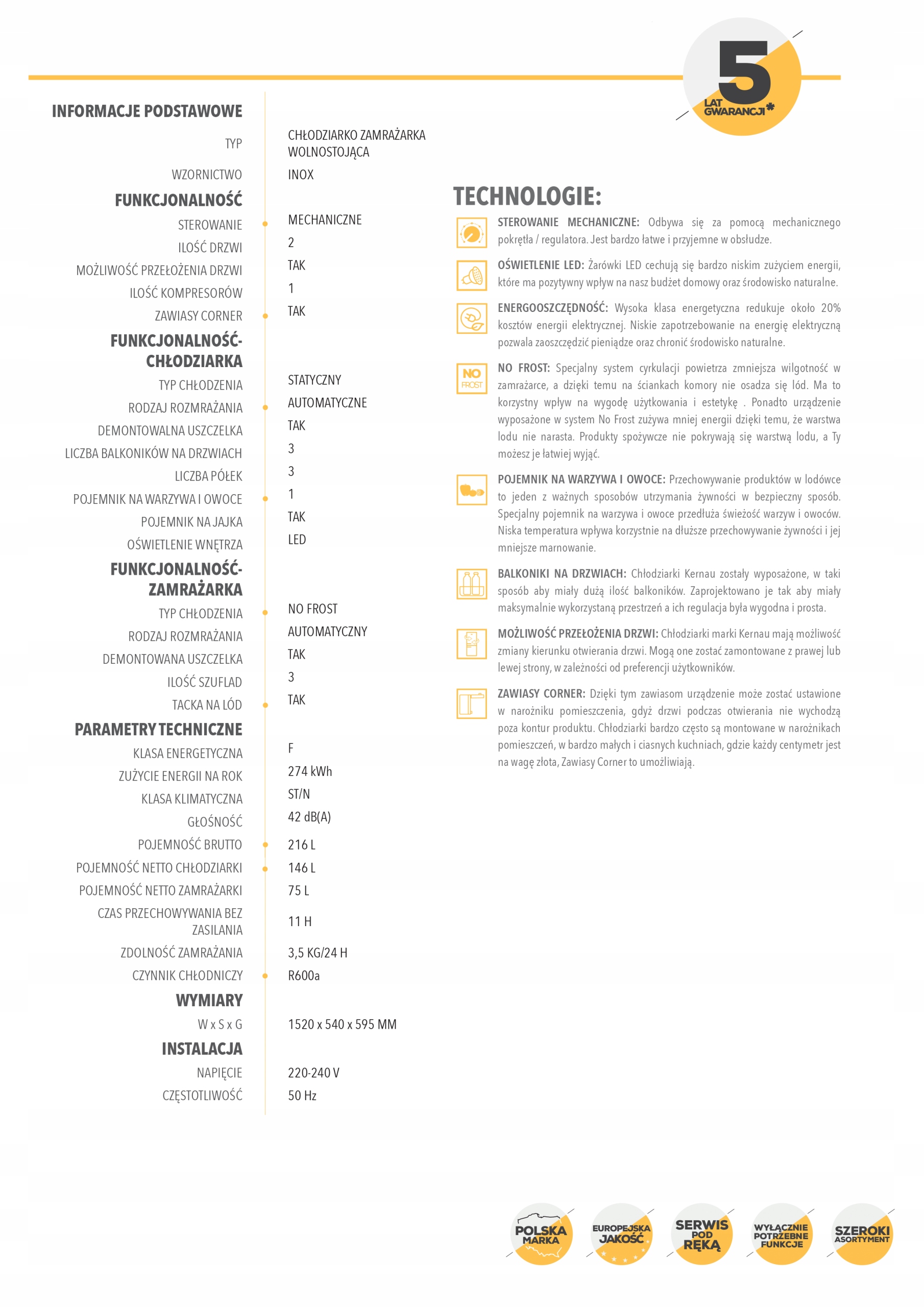 KERNAU KFRC 15153.1 NF IX LODÓWKA WOLNOSTOJĄCA Marka Kernau