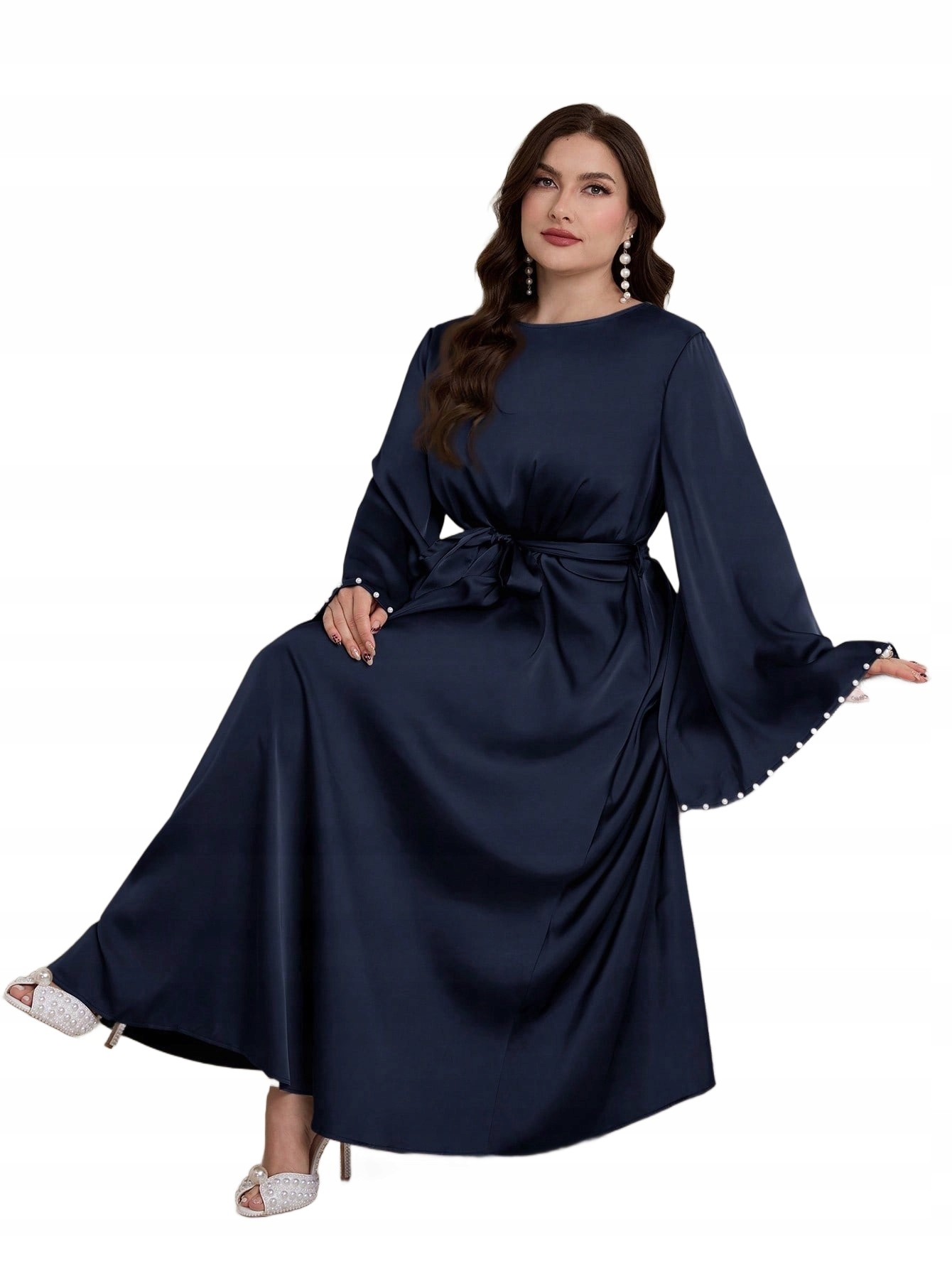 Elegantní Tmavě Elegantní MIDI Šaty S Perlami Na Rukávech A Páskem 48 1LA