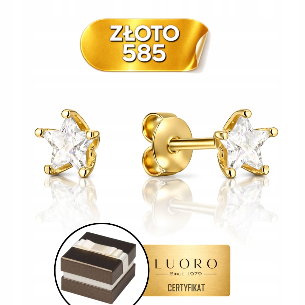 Náušnice Zlaté 585 14K Hvězdičky S Kamenem 0,5 CM Elegantní Tyčinka