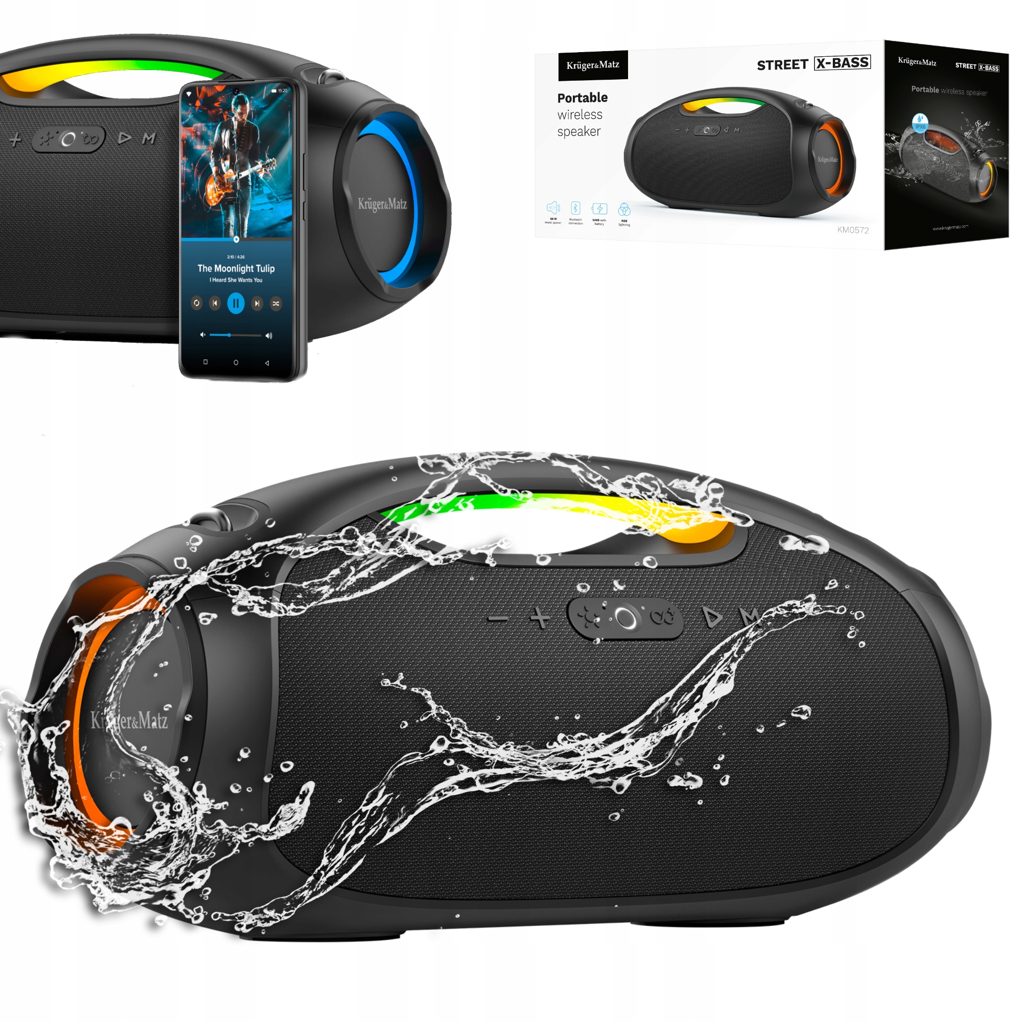 Głośnik Bluetooth przenośny wodoodporny 60W Aux Kruger&Matz Street X-bass