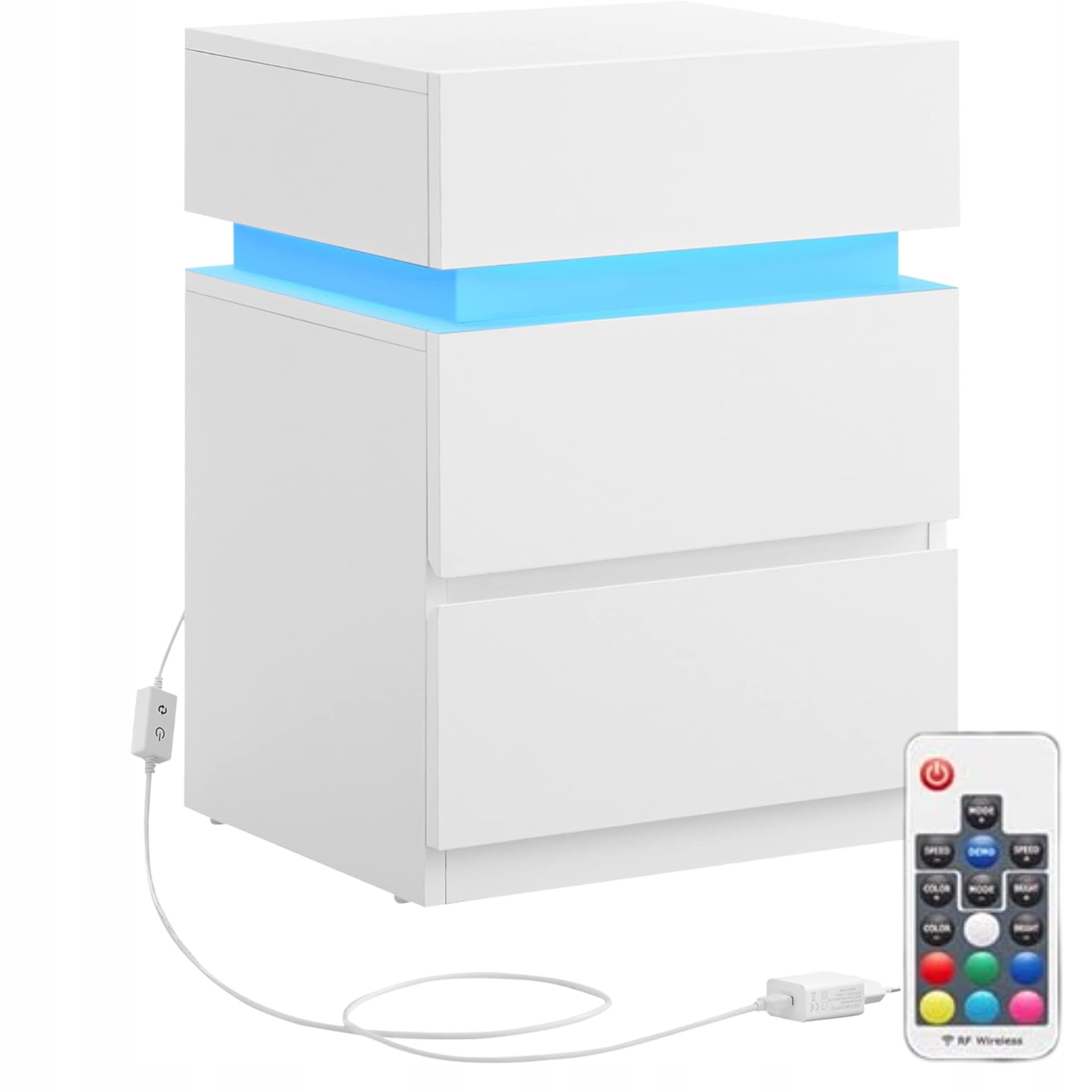 Nočný stolík Led Nočná Skrinka Biela 3 zásuvky Osvetlenie Pilot Nakastlik