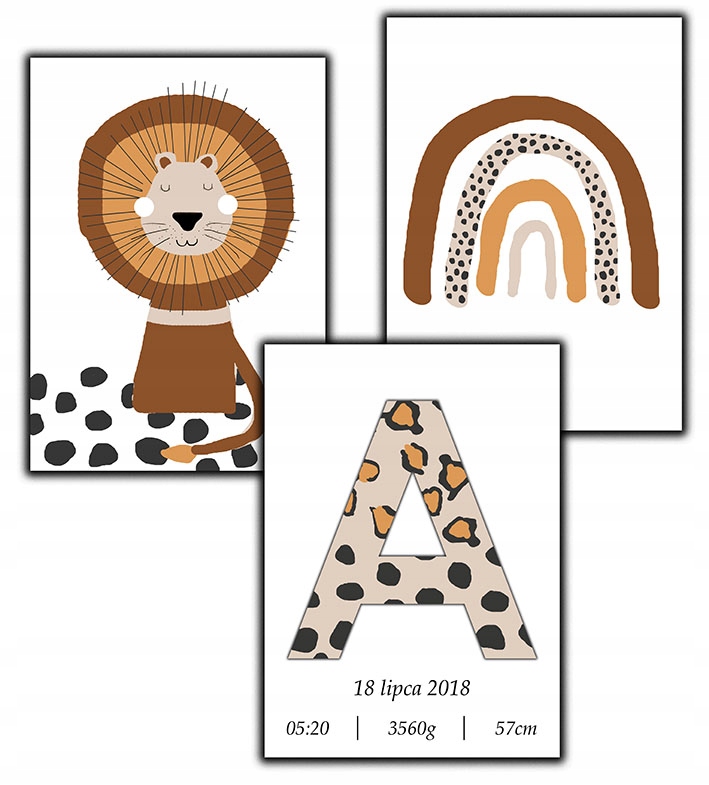 

3 s plakaty boho tęcza metryczka cętki lew a3