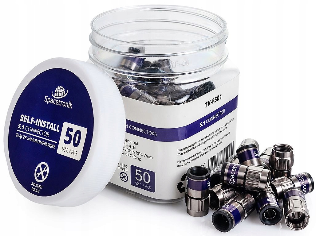 50 szt. Wtyk Samokompresyjny Złącze F Samozaciskowe 6 Td 5.1 Self Pudełko