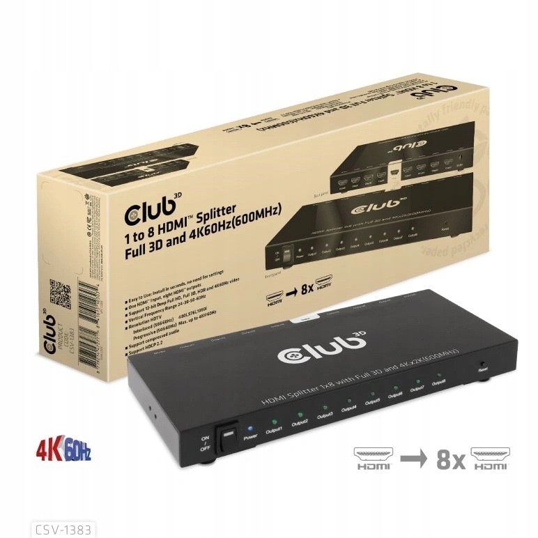 Club3D video splitter 1:8 Hdmi 2.0, 4K 60Hz Uhd, 8 portov