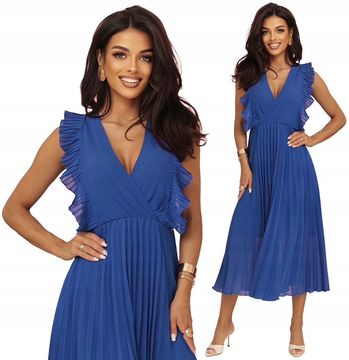 Krásné Plisované Šaty S Volánky Bez Rukávů, Chabrová Barva S