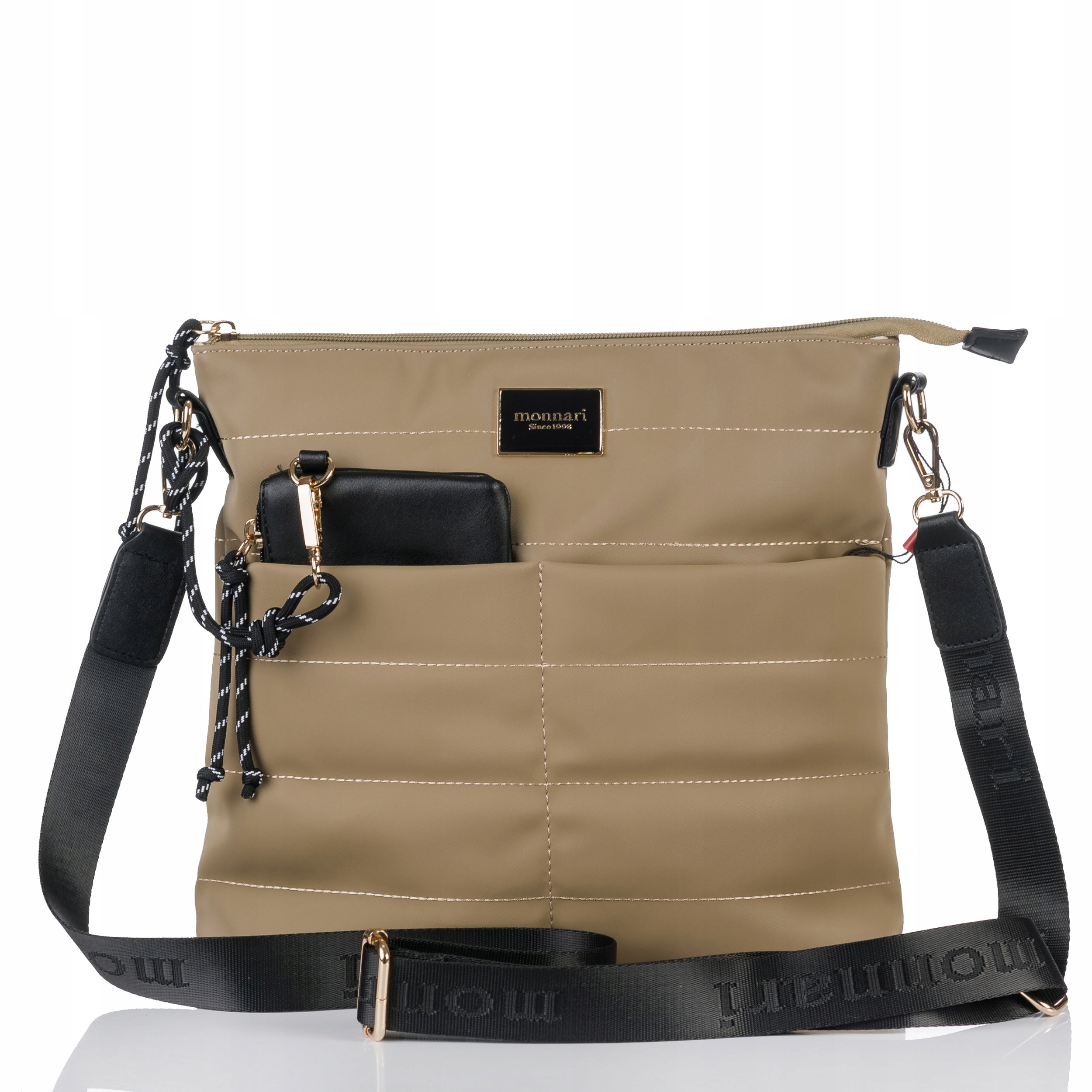 PIKOWANA TOREBKA LISTONOSZKA MONNARI + PORTMONETKA BEŻOWA WODOODPORNA Wzór dominujący geometryczny