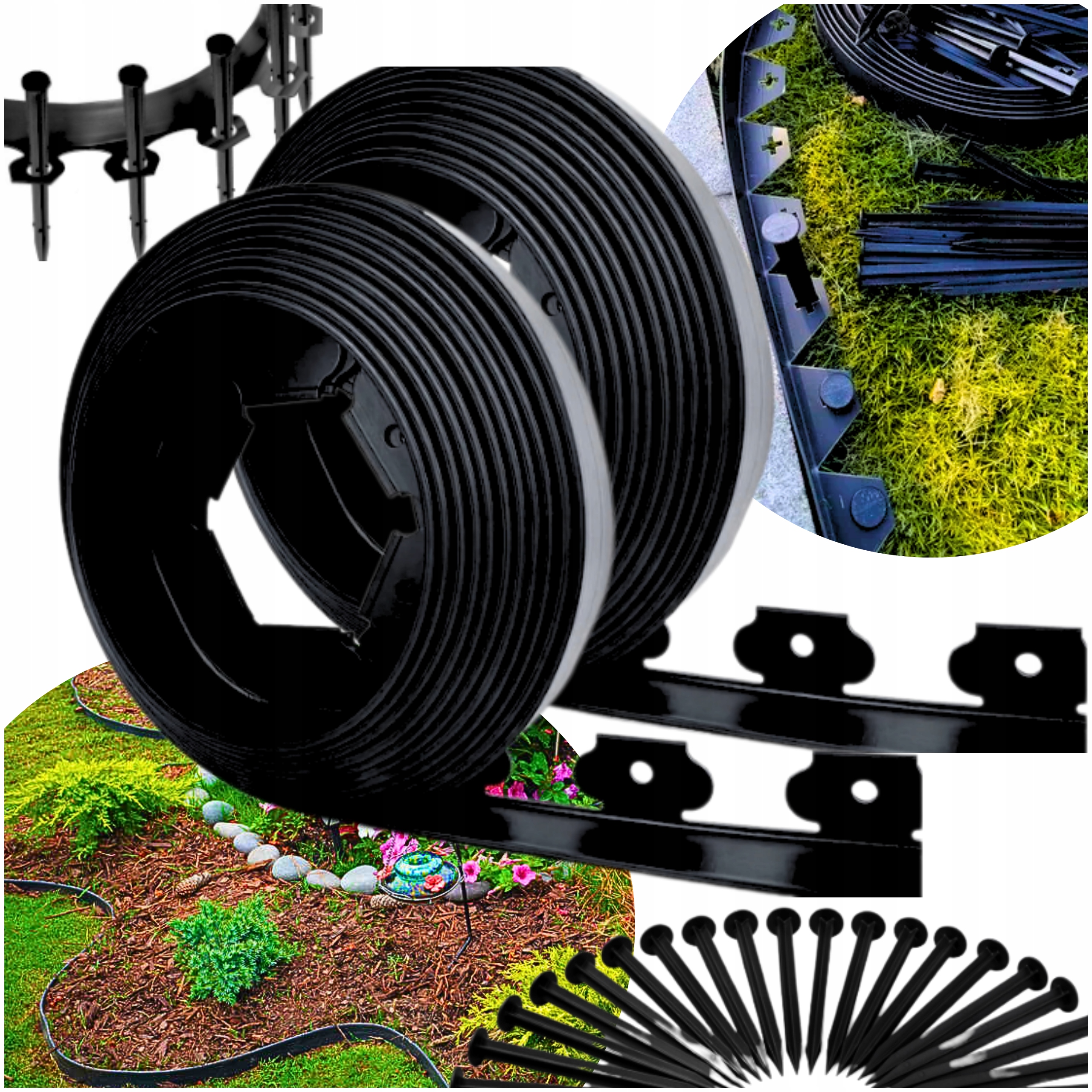 Obrzeże Ogrodowe Trawnikowe Czarne Elastyczne 4cm 20m Szpilki Zestaw