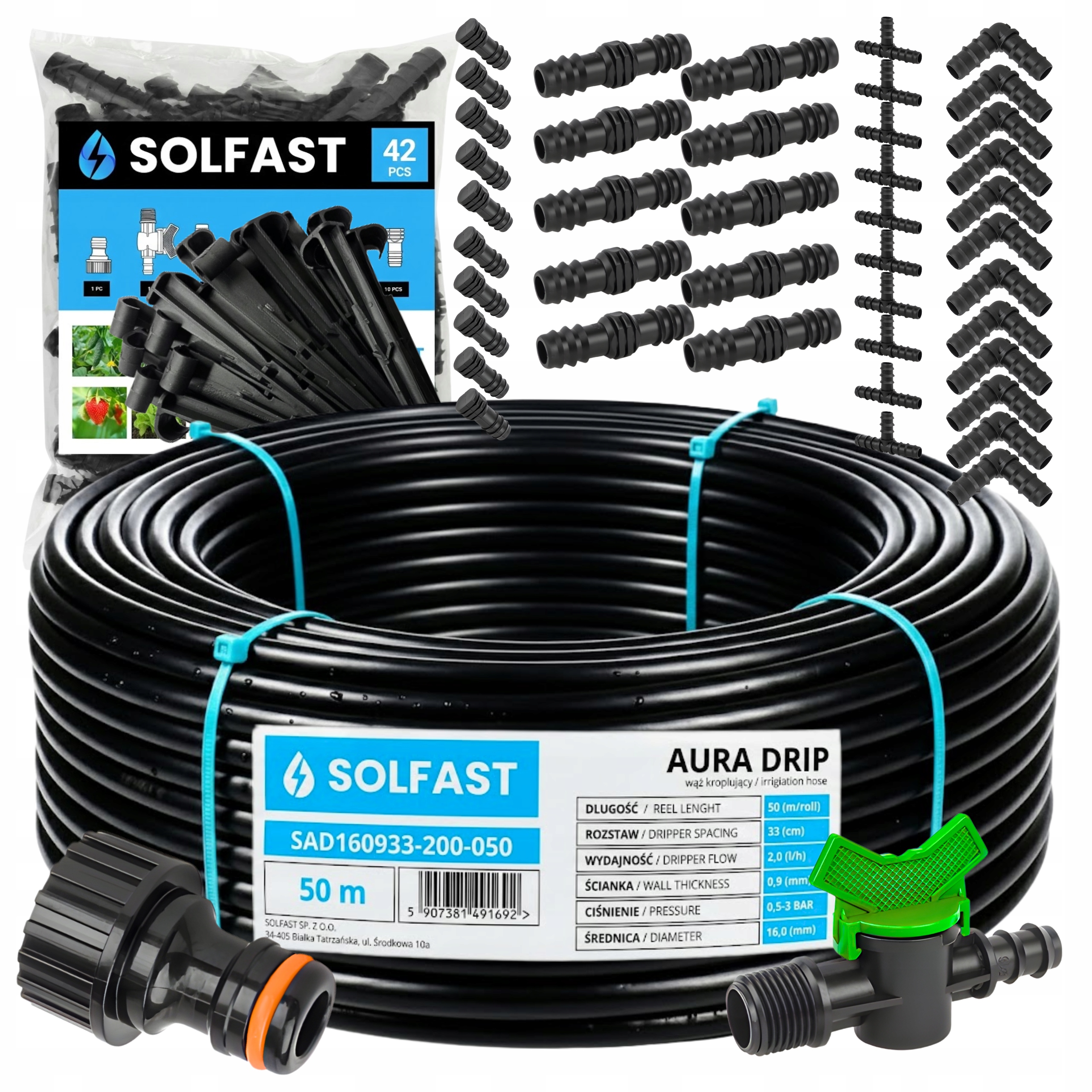 LINIA KROPLUJĄCA 50 m NAWADNIANIE KROPELKOWE ZESTAW 92 el. SYTEM WĄŻ RURA