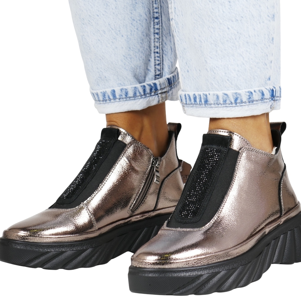 Metalické Kotníkové Boty Na Platformě, Pohodlné, Nízká Kůže 36