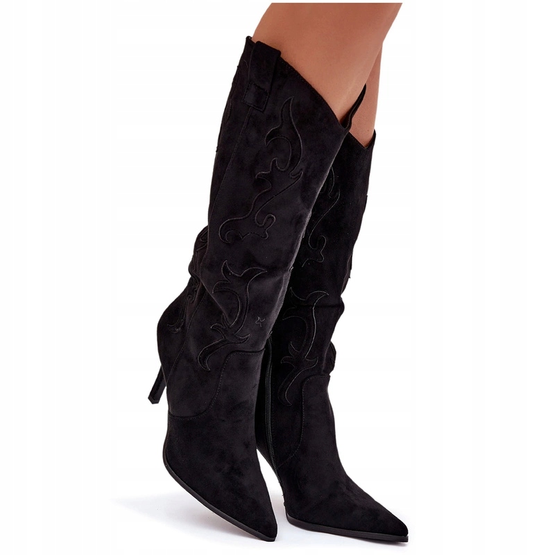 Dámské Kozačky Kovbojské Boty Na Podpatku Eko Semišový Zip Černé 38