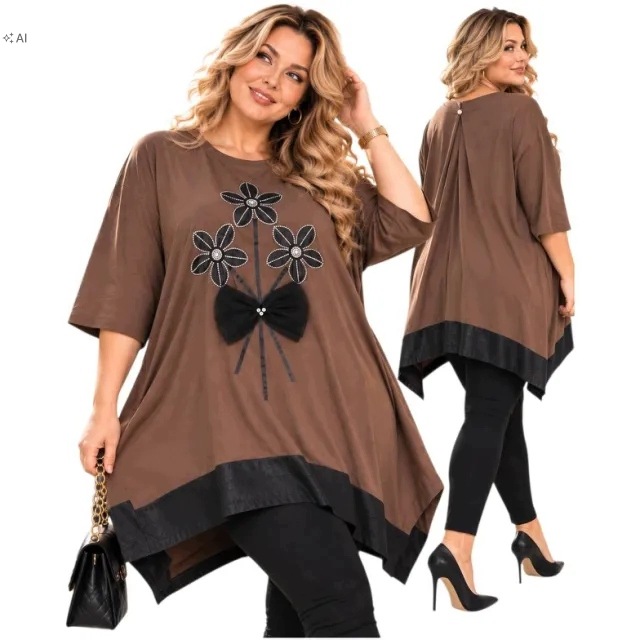 26484 Zázračná Čokoládová Tunika Žena Květy Kůže Mašle 50 52 5xl 6xl