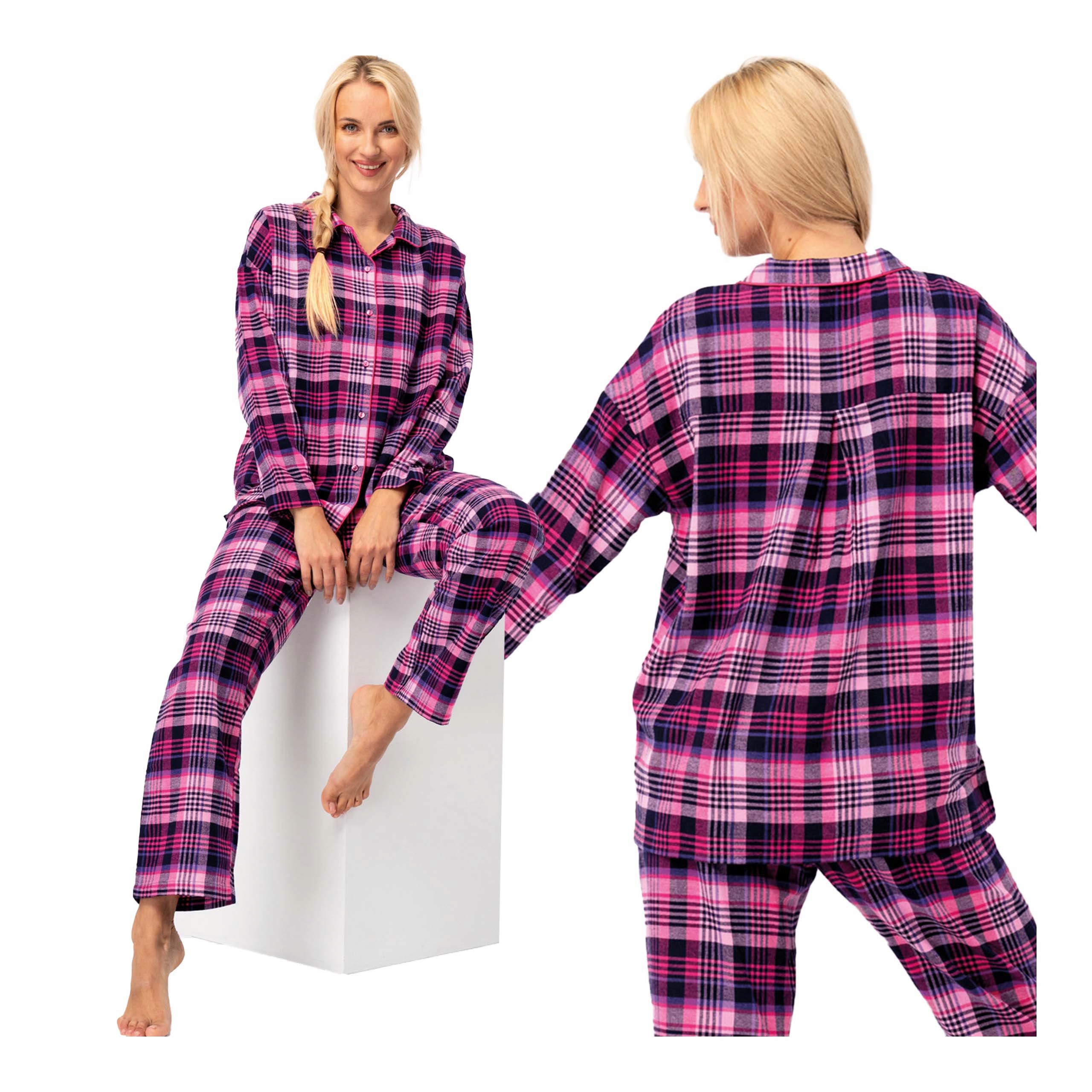 Dámské dvoudílné bavlněné kostkované pyžamo s dlouhým rukávem Key 4XL