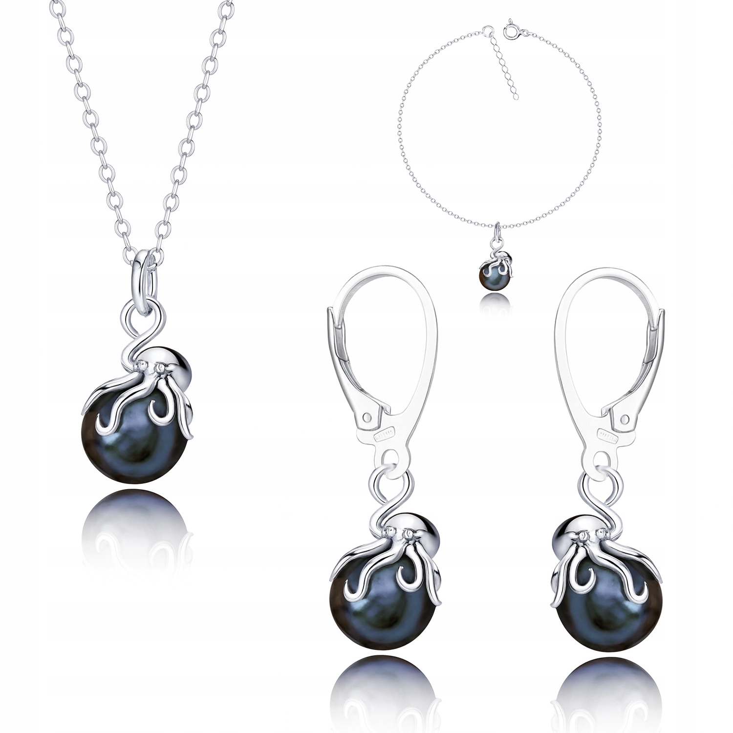 Chobotnice S Perlou Perly Černé Stříbrný komplet rolo stříbro 925