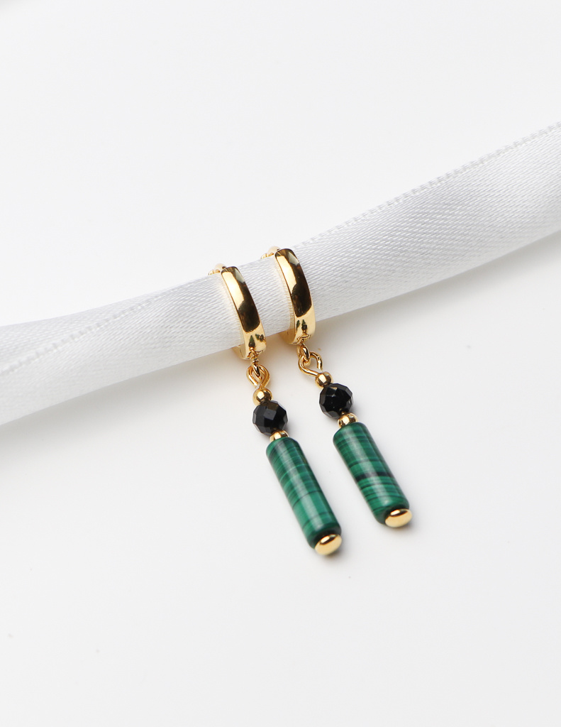 Náušnice pozlacené Malachit, Černý Turmalín