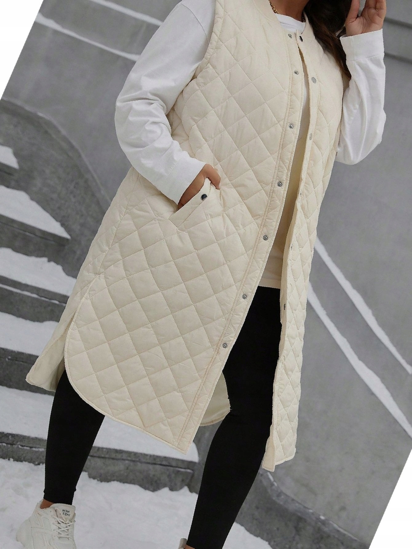 Dámská zateplená vesta Midi Ecru Stylová prošívaná Casual XXL