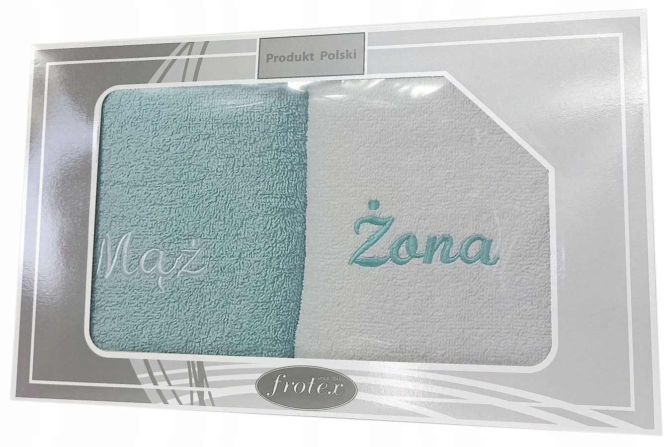 Komplet 2 ręczników Present 70x140 pudełko Greno haft ŻONA MĄŻ biały aqua
