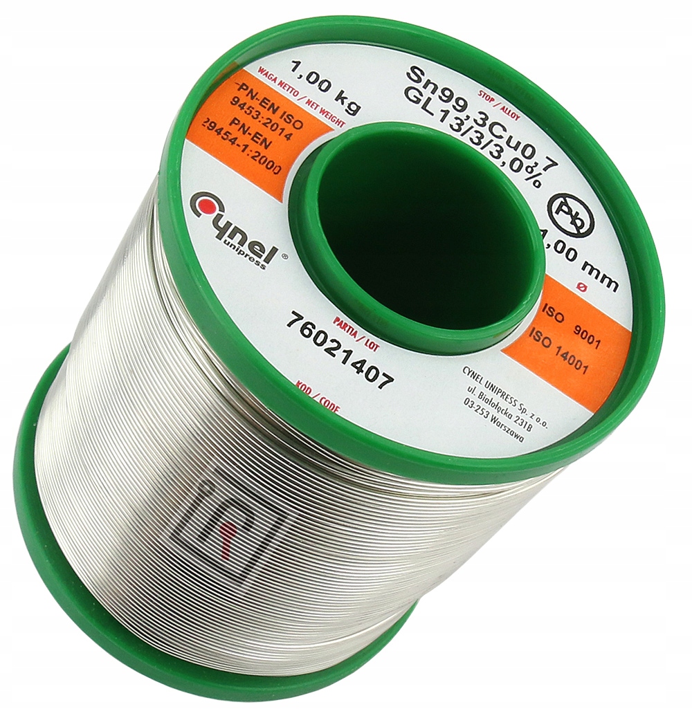 CYNA BEZOŁOWIOWA Sn99,3Cu0,7 ALUMINIUM MIEDŹ 10m Producent Cynel