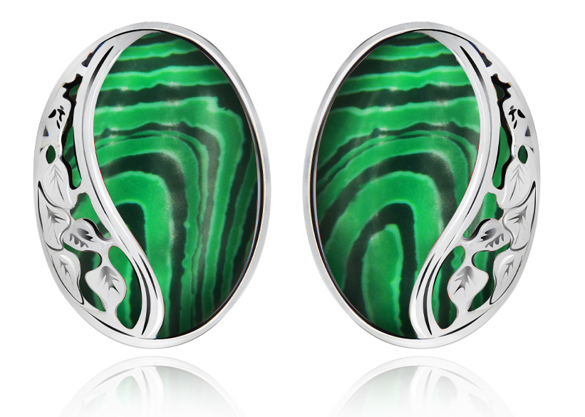 

Srebrne Klipsy Z Malachitami I Listkami Pr925