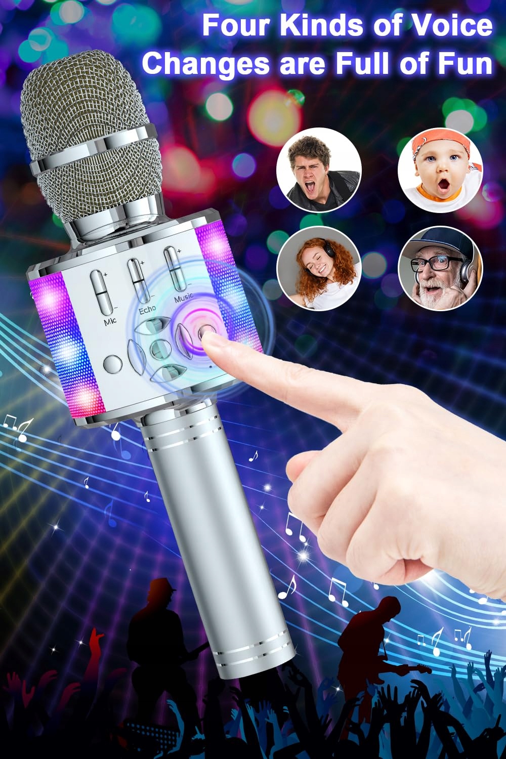 BONAOK Mikrofon Karaoke Bluetooth LED Dla Dzieci Kompatybilny z iOS Android — miniatura 4
