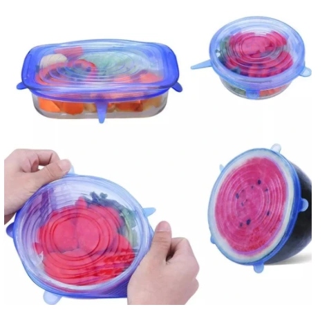 POKRYWKI SILIKONOWE UNIWERSALNE DO ŻYWNOŚCI 6SZT SZCZELNE NA POJEMNIKI Kolor odcienie niebieskiego