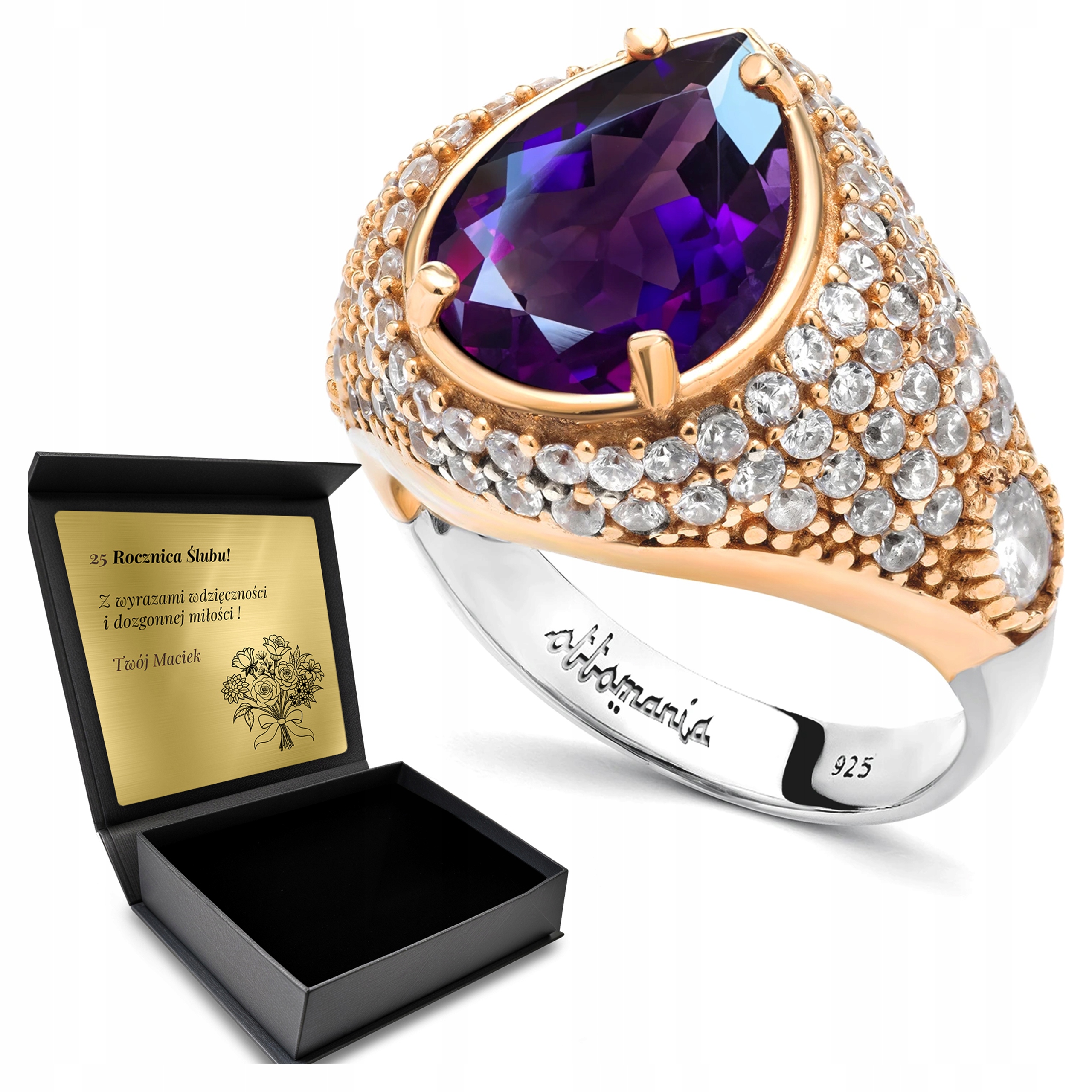 Prstýnek 925 Zirkony A Ametyst Dárek pro ženu Gravírování