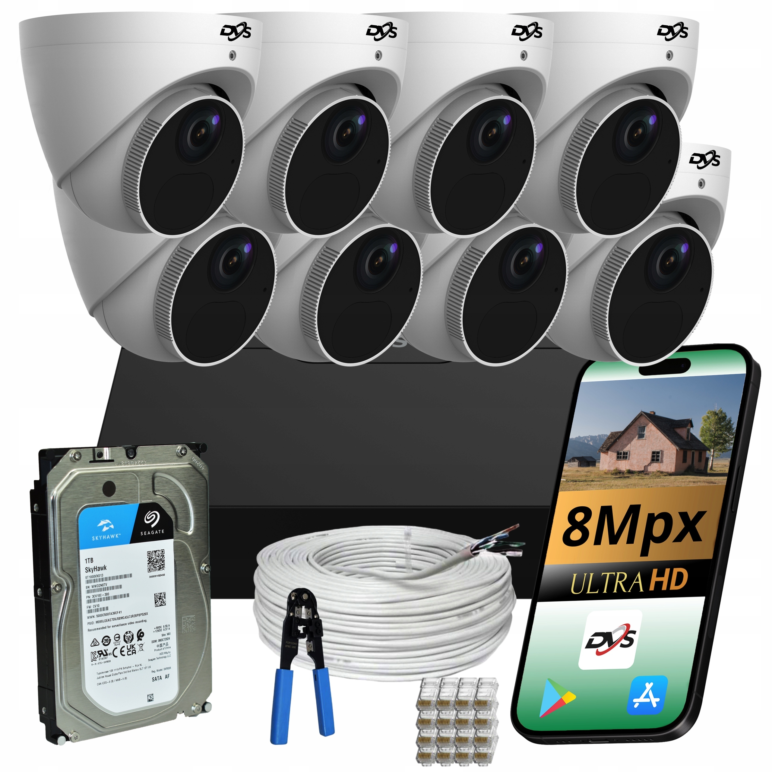 Sada 8 Venkovních Monitorovacích Kamer Bílé Ip Poe Kopulovité 8 Mp 1TB