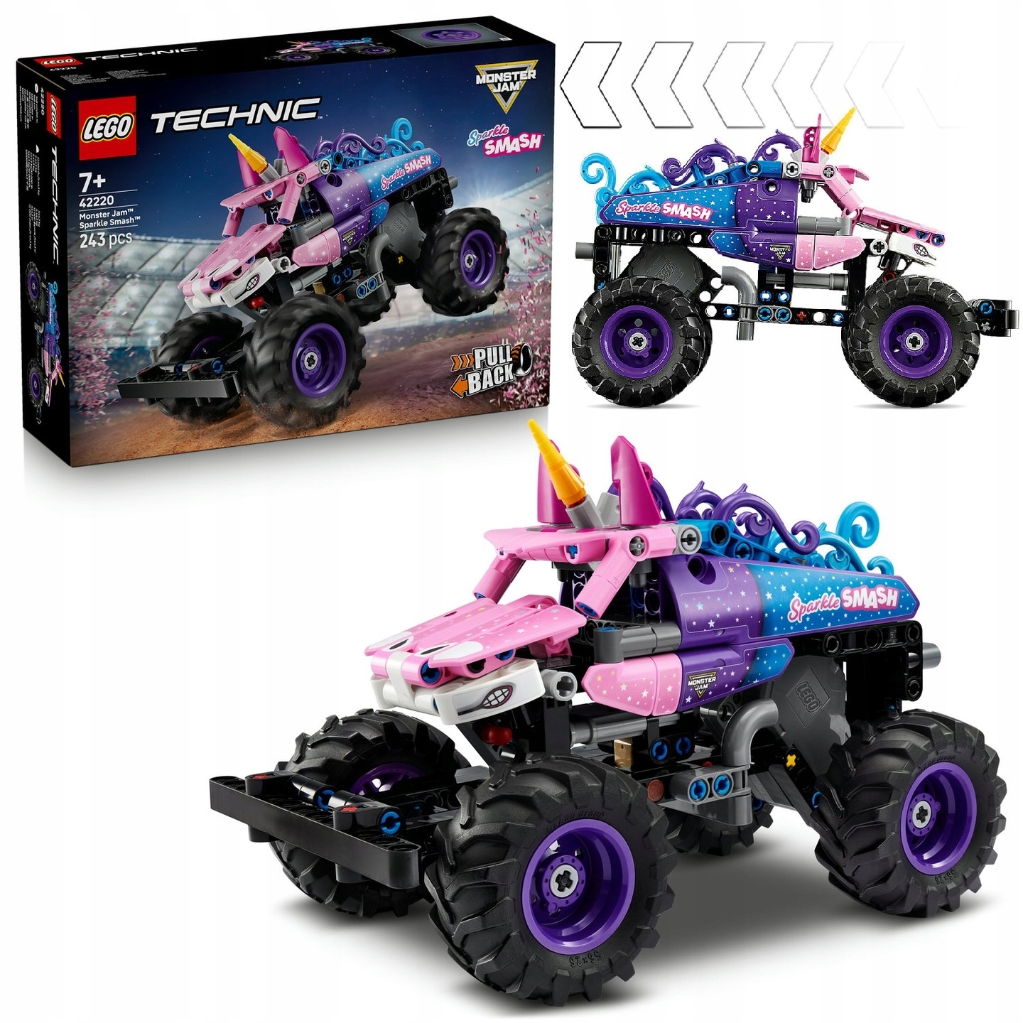 LEGO TECHNIC MONSTER JAM SPARKLE SMASH Z NAPĘDEM TYPU PULL-BACK 42220