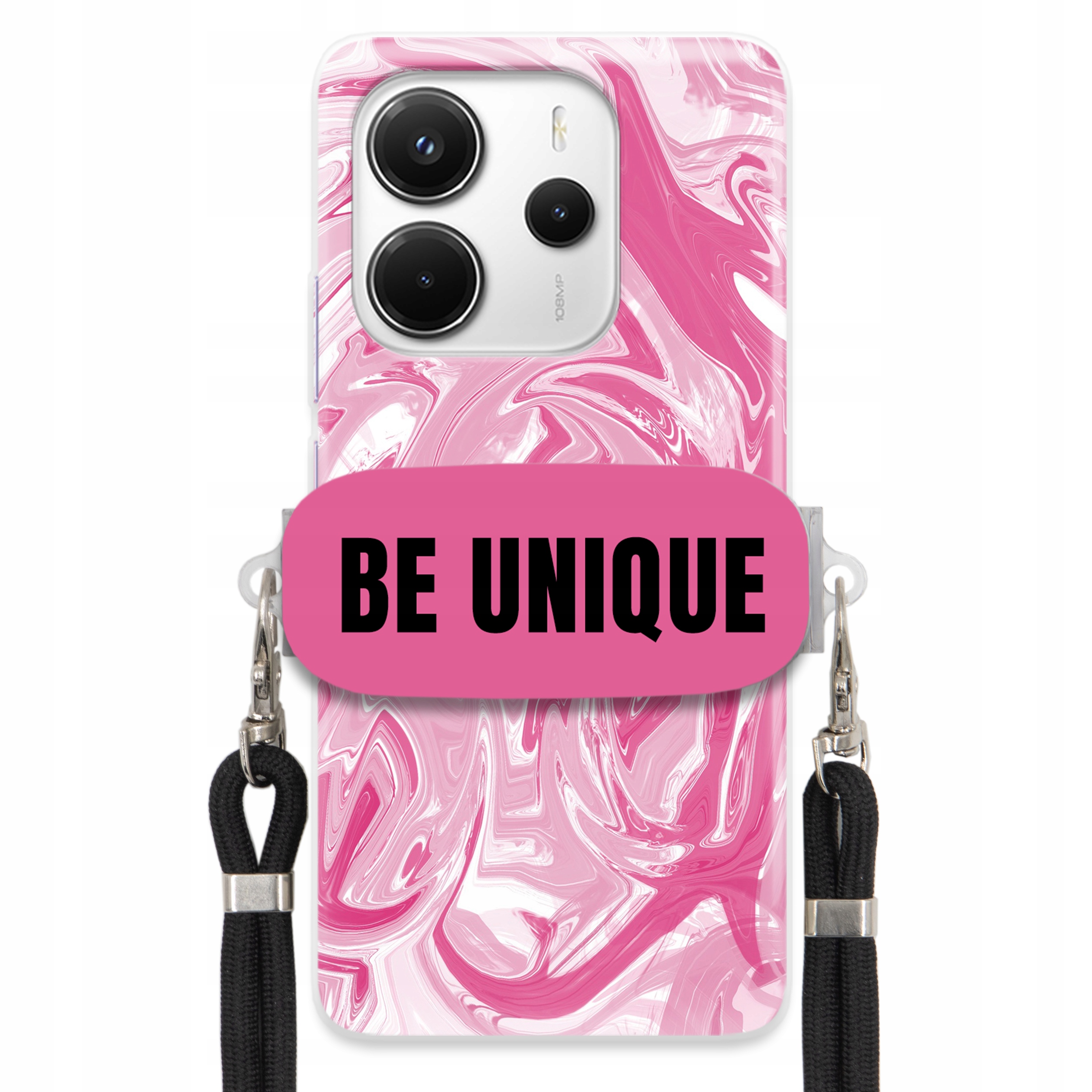 Pouzdro pro Xiaomi Redmi Note 14 4G Case úchytka na šňůrku, černý růžový mramor