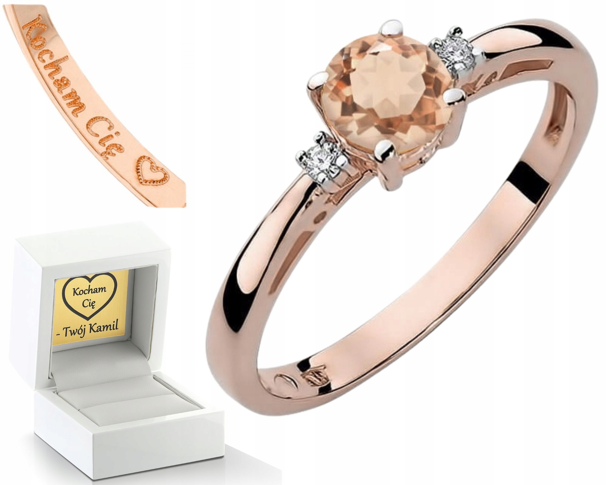 Růžový Zlatý Prstýnek S Morganitem A Diamanty, Gravírování Bonus 585