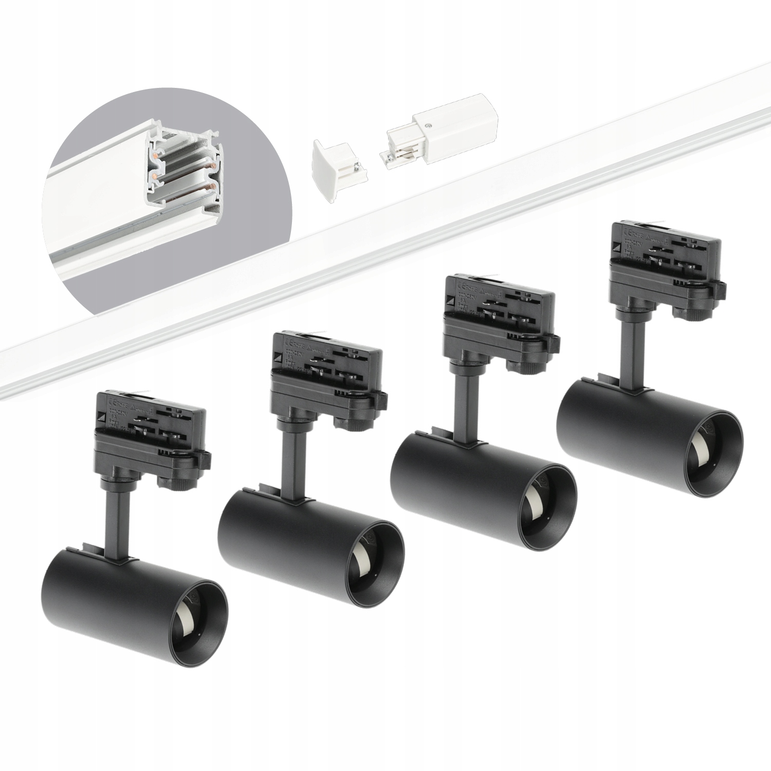 Sada kolejnicová 3-fázová kolejnice bílá 2 m, 4 x lampa Černá, kompletní sada
