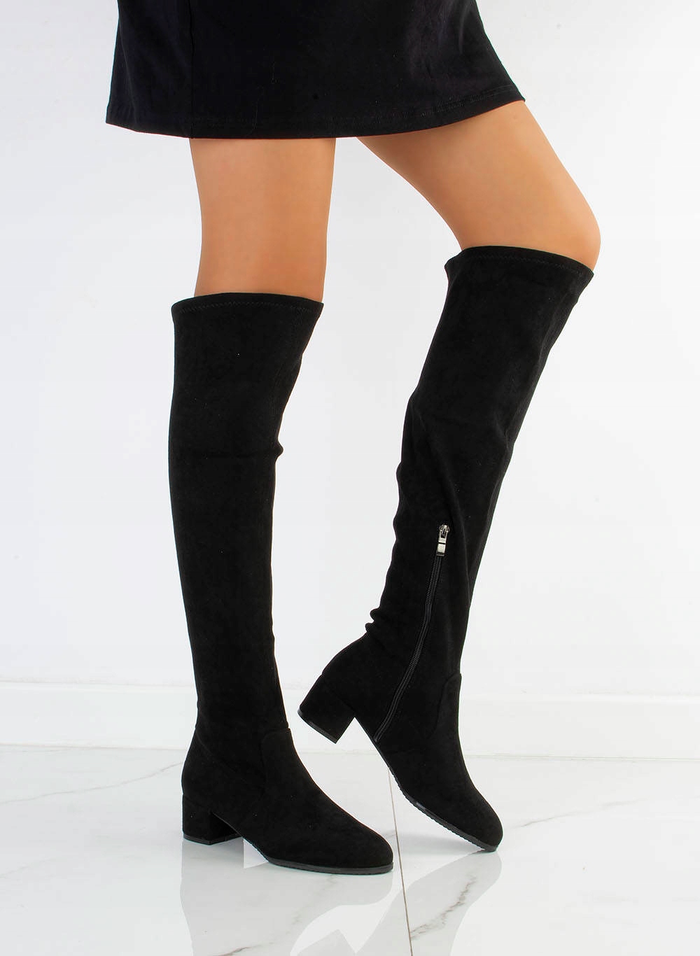 KOZAKI NA NISKI SŁUPKU CZARNE OCIEPLANE ZAMSZOWE 3 Marka bez marki