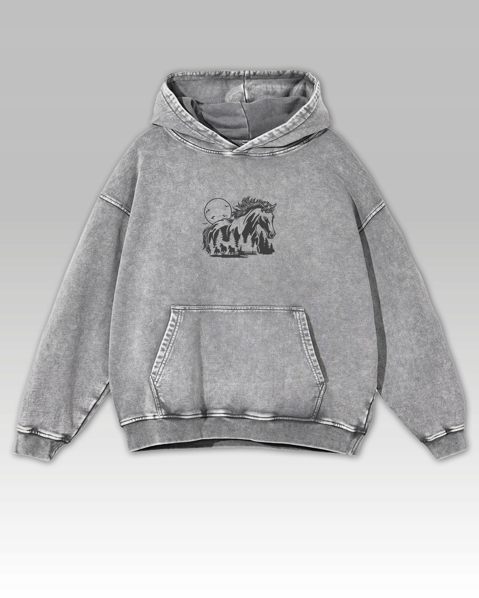 Mikina s koněm Oversize výšivka Spraná Kůň měsíc Mustang Šedá L