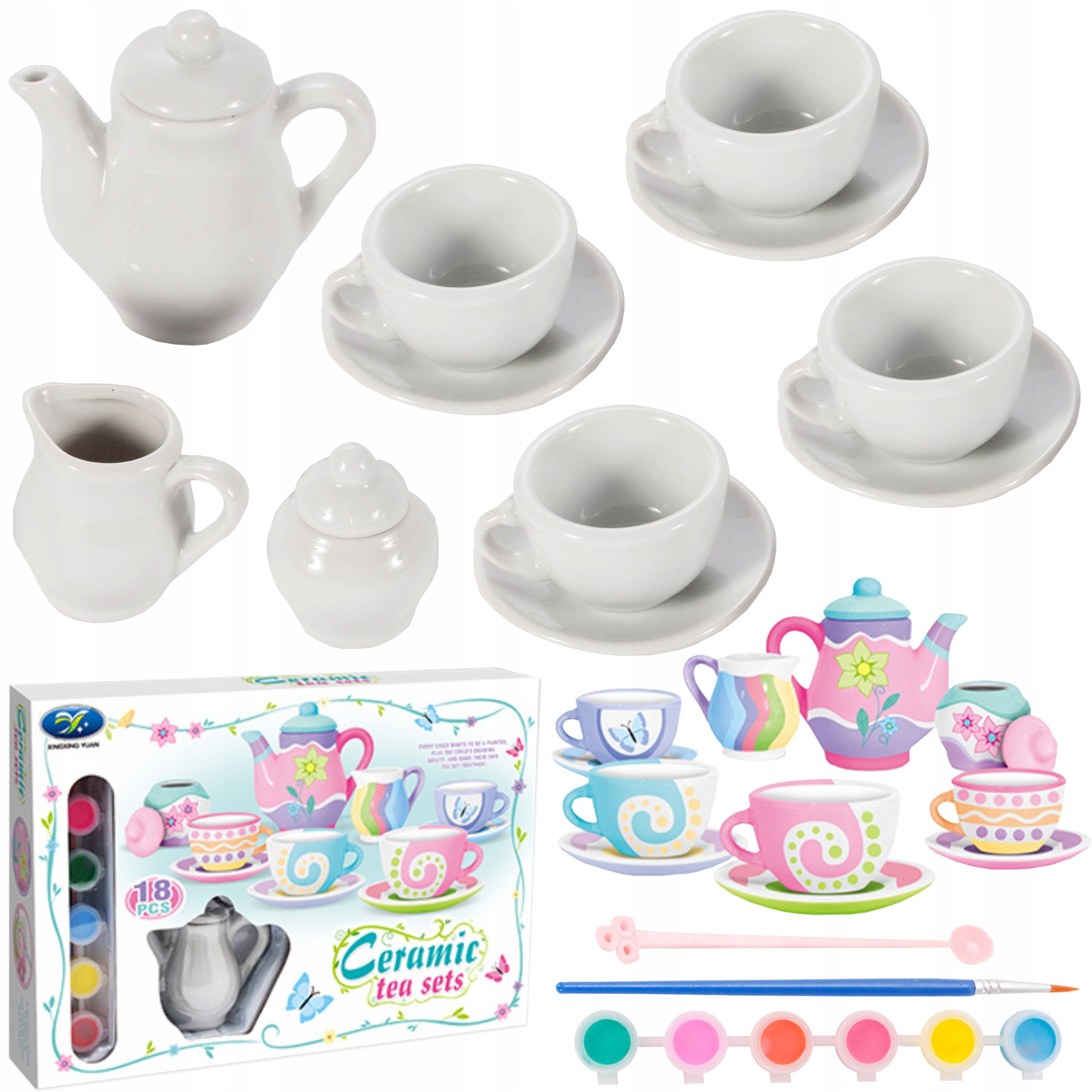 CERAMICZNY ZESTAW DO HERBATKI POMALOWANIA KREATYWNY FARBY PĘDZLE PREZENT