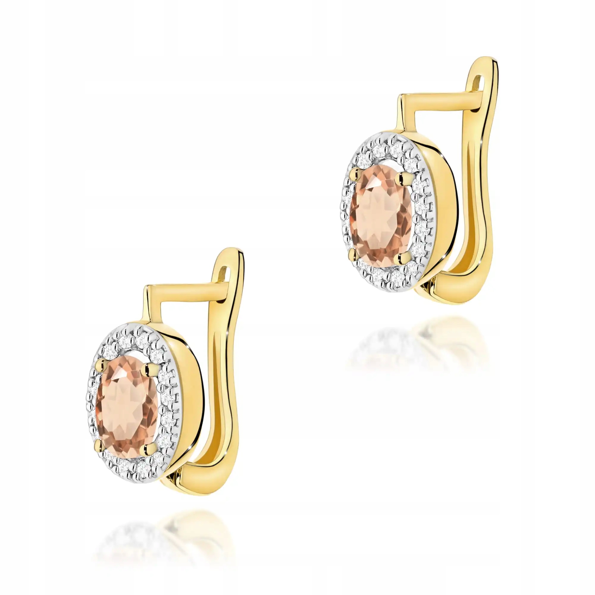 Dámské zlaté náušnice ryzosti 585 s morganitem a diamanty, elegantní design, 14 karátů