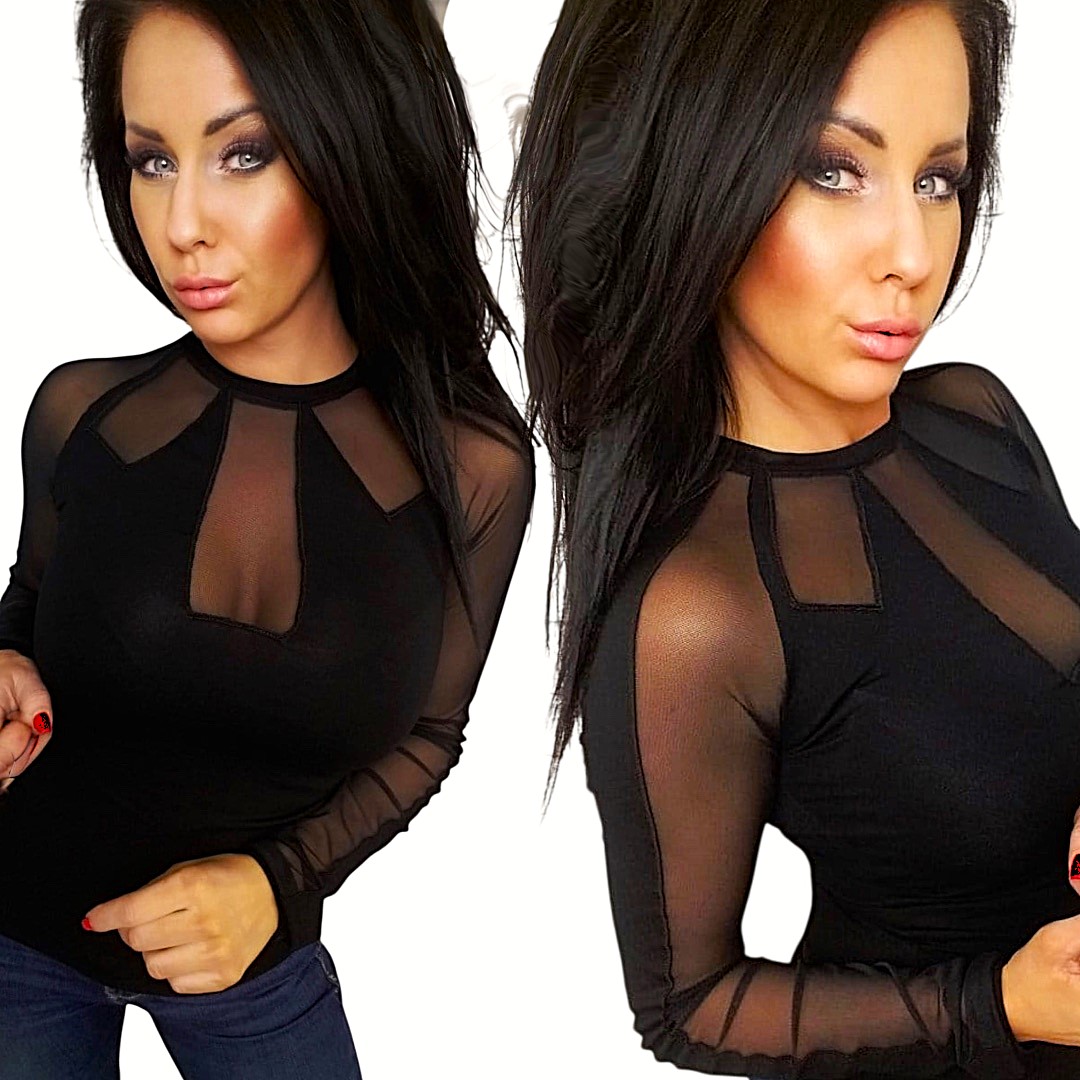 Czarna bluzka damska wieczorowa dopasowana siateczka dekolt XL 42