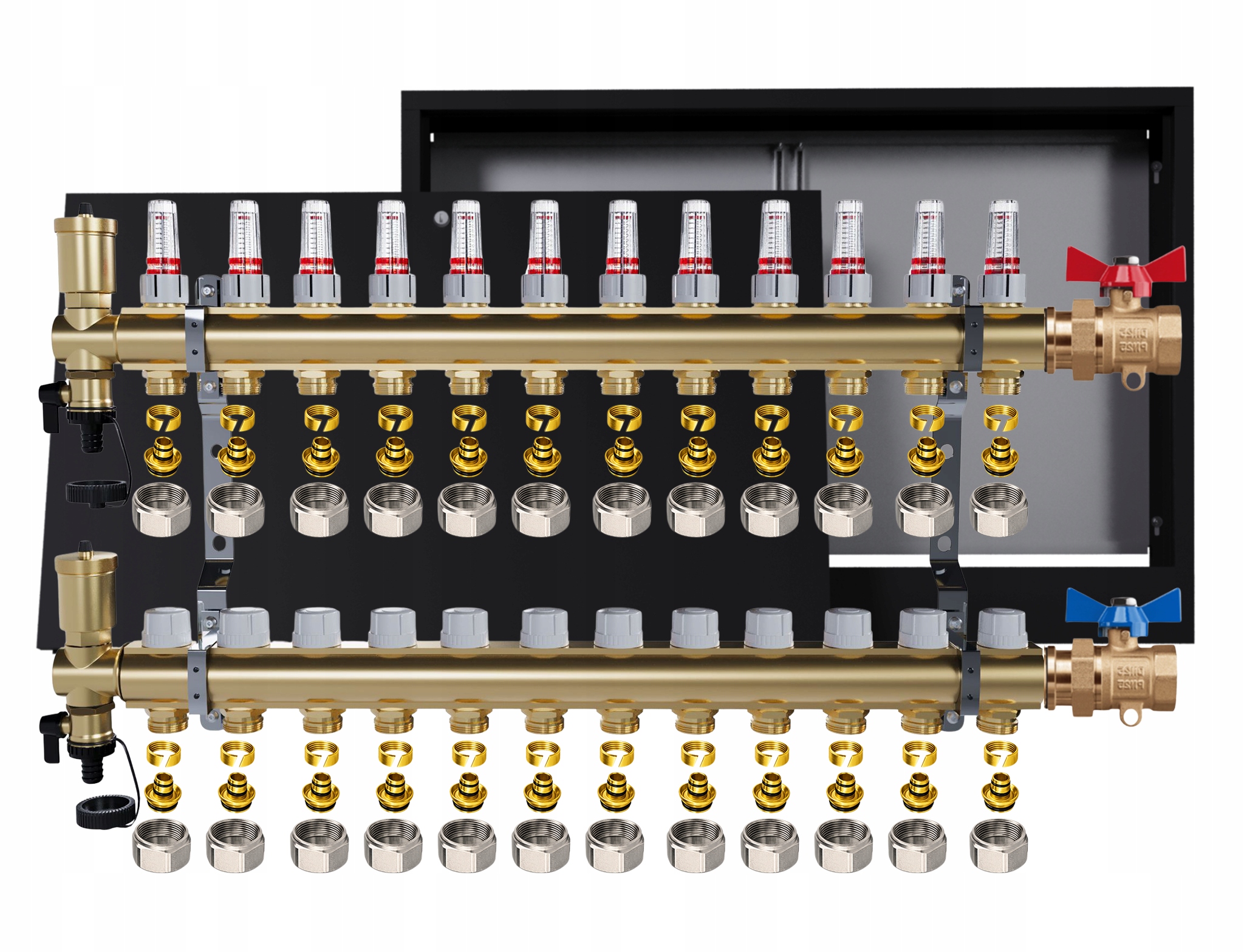 Mosazný rozdělovač podlahových krytin 12 okruhů skříňka jednoduchý ventil Pex