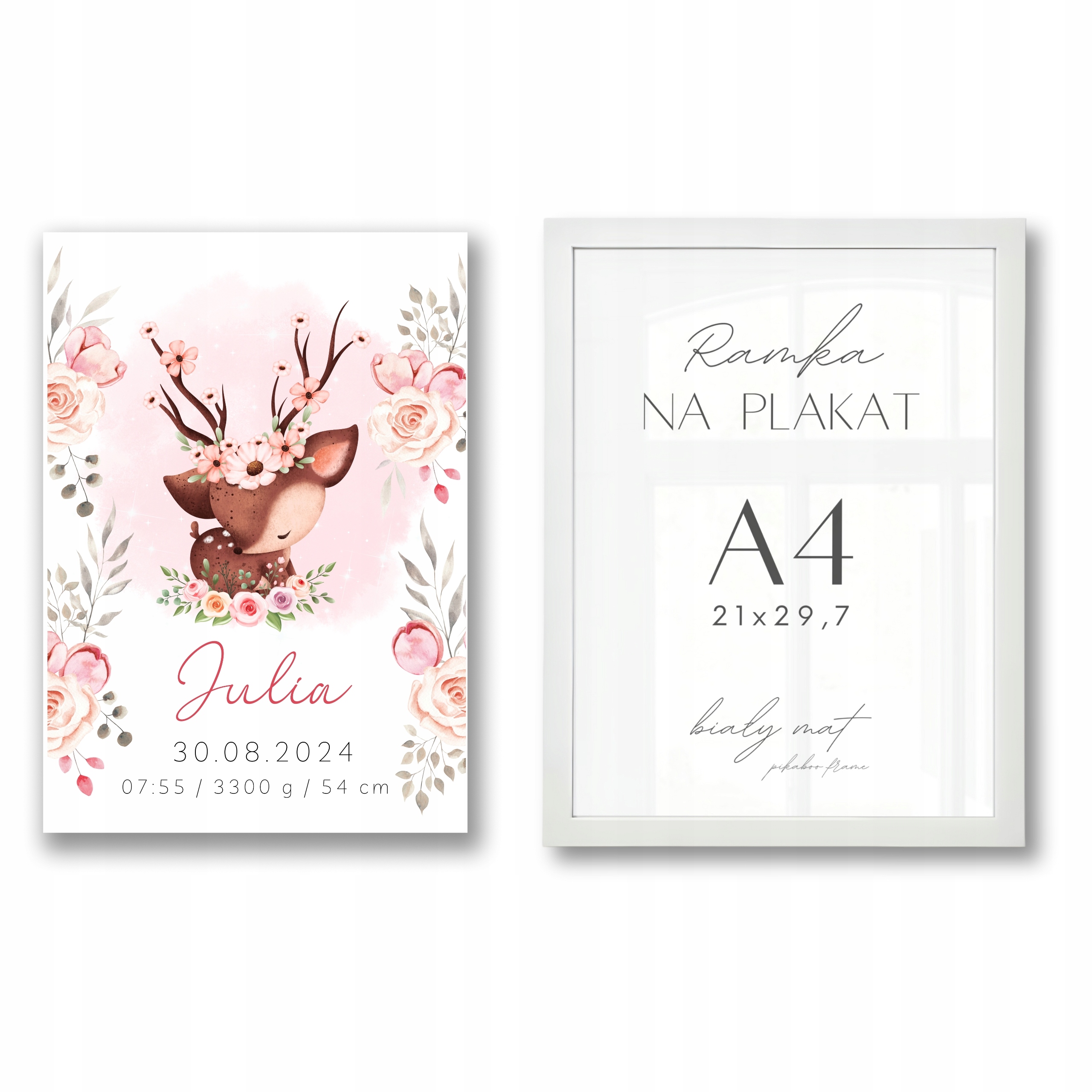 METRYCZKA DLA DZIEWCZYNKI PERSONALIZOWANY PLAKAT W RAMIE PREZENT PAMIĄTKA Długość (cm) 30 cm