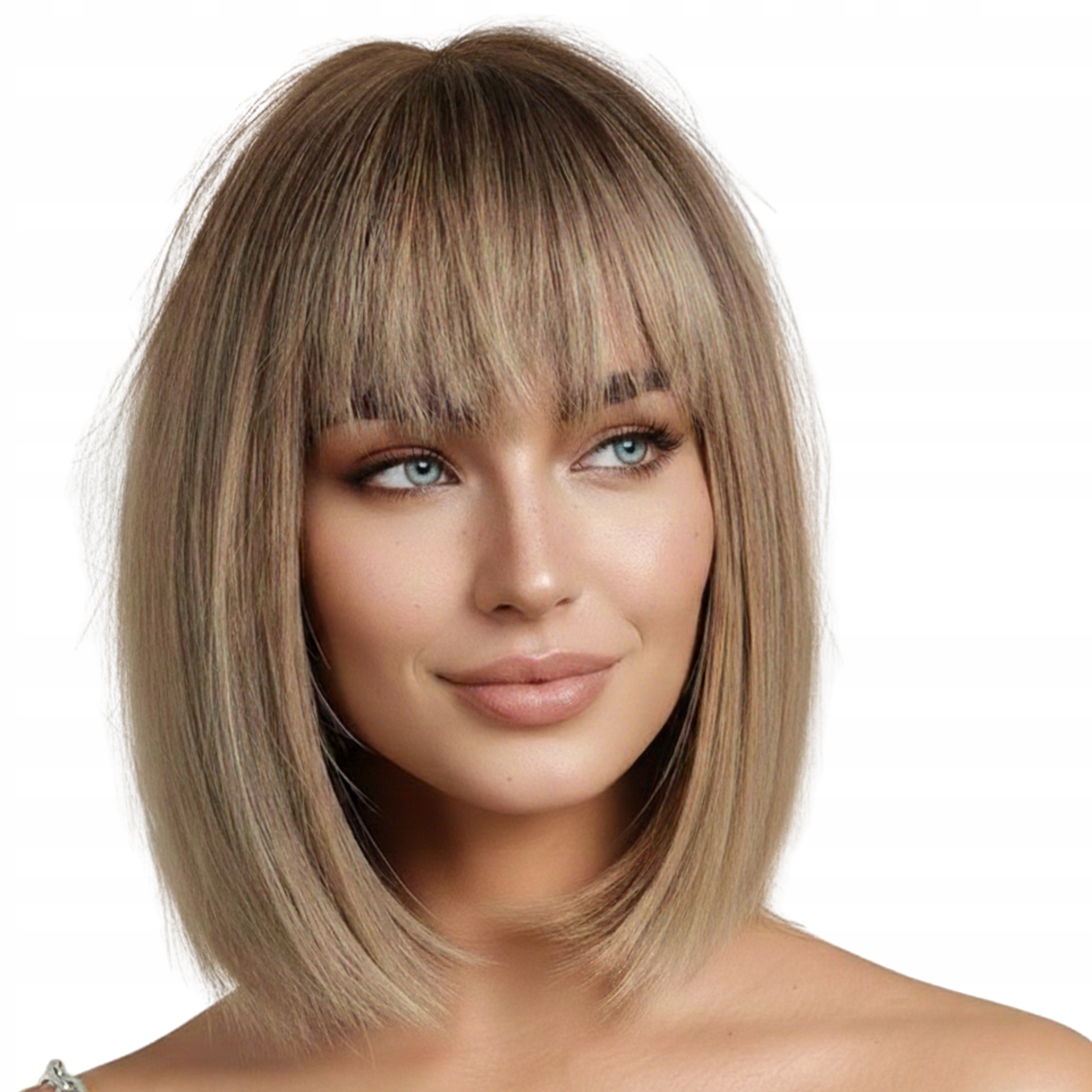 Peruka Damska Long Bob Ombre Blond Proste Włosy Syntetyczne Z Grzywką
