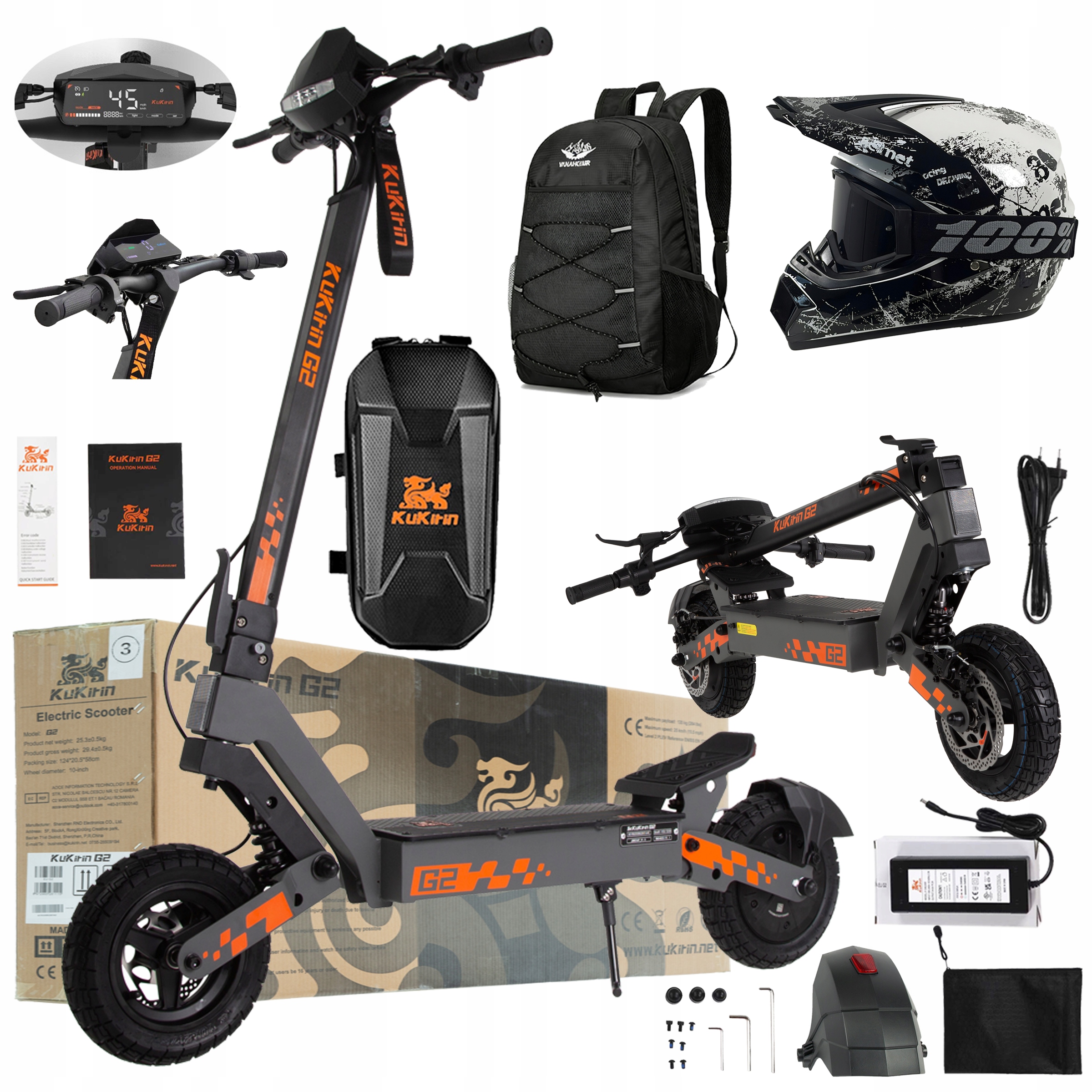 KuKirin G2 Pojazd elektryczne 1200W 48V 15Ah 45KM/H 55KM 10" +3 Pl