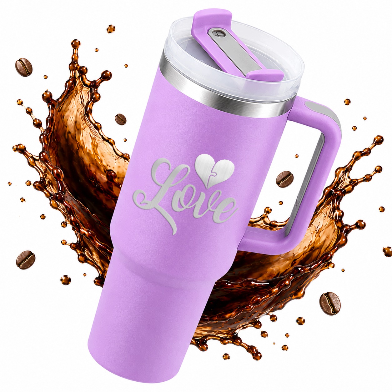 Termohrnek Velký 1,2 L Na Kávu Slámka Gravírování Love Valentýn Fialová