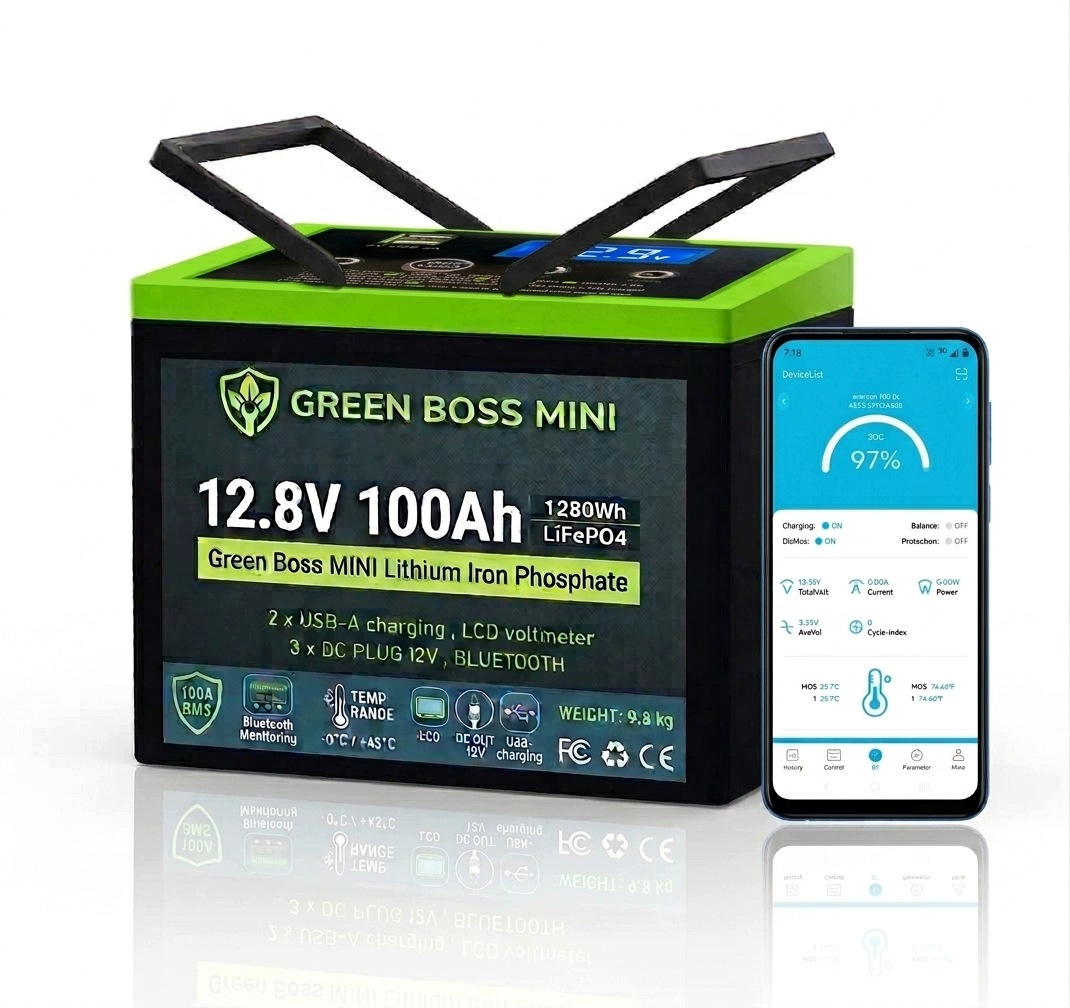 LiFePo4 baterie Green Boss Mini 12V 100Ah , LCD , bluetooth , DC , Usb